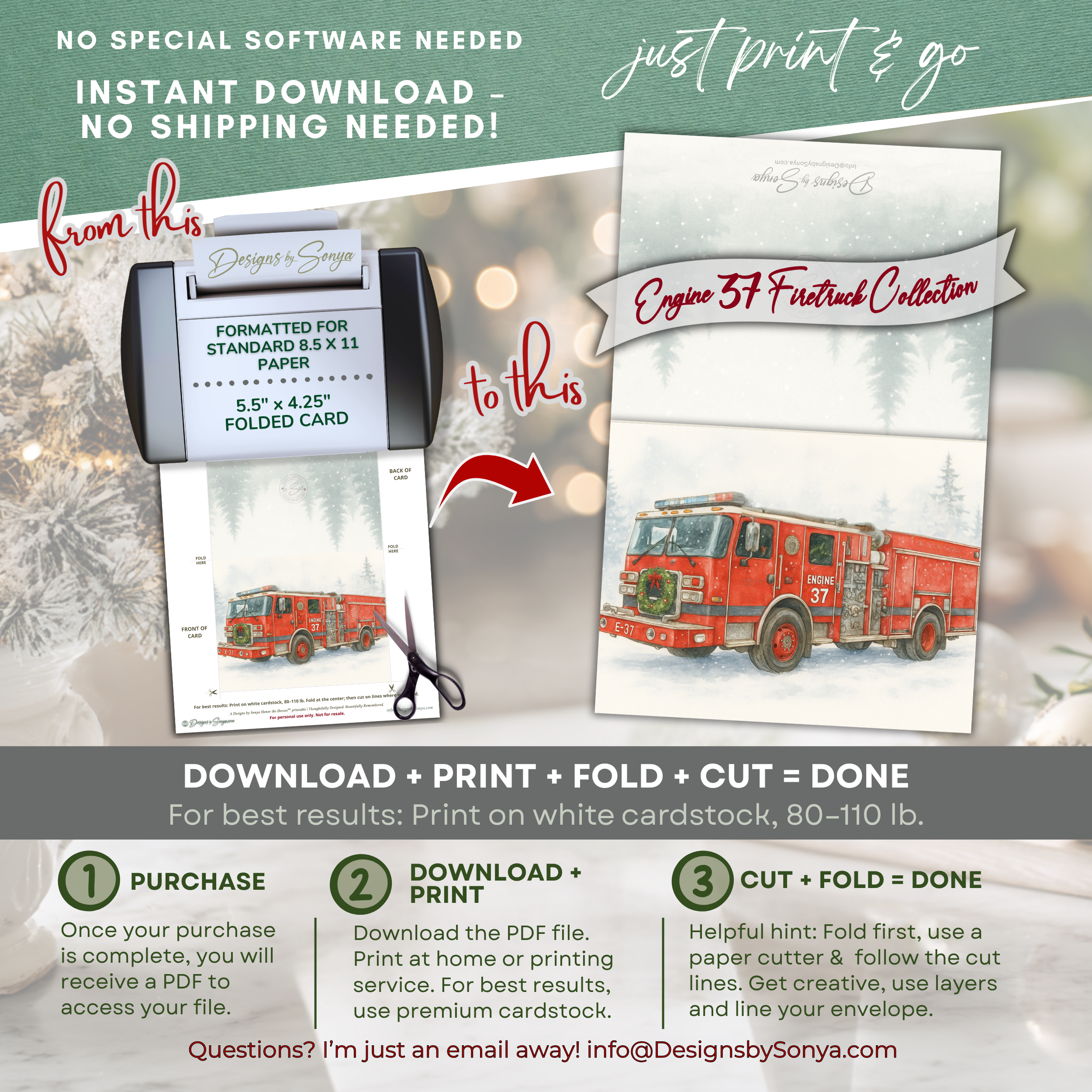 Printable Firetruck Christmas Card • Engine 37 Watercolor Holiday Card • Honor the Heroes • A2 (5.5"x4.25") Folded Greeting Card