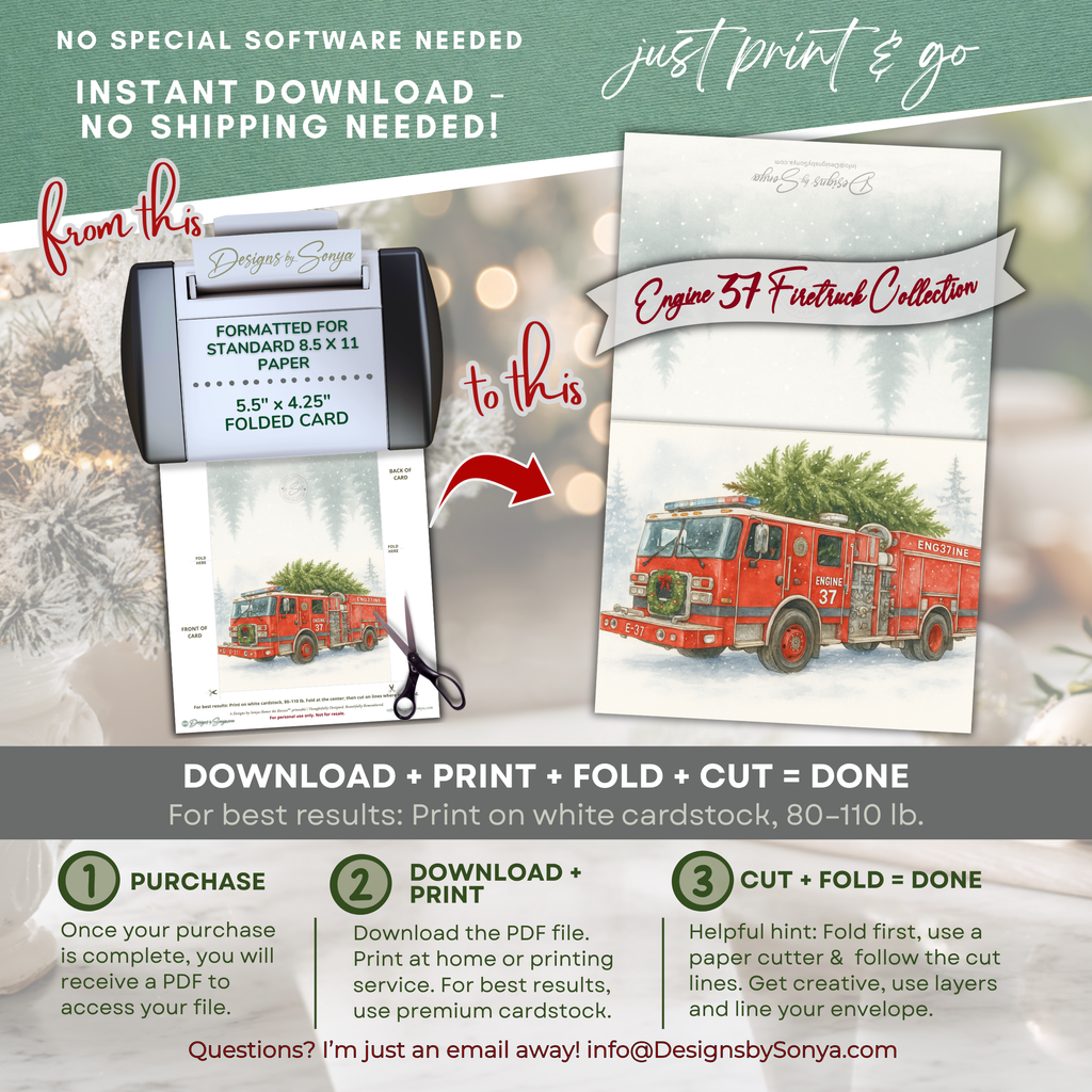 Engine 37 Firetruck Christmas Card Printable | Watercolor Holiday Tree Delivery | A2 (5.5"x4.25") Greeting Card | Firefighter Hero, First Responder Gift