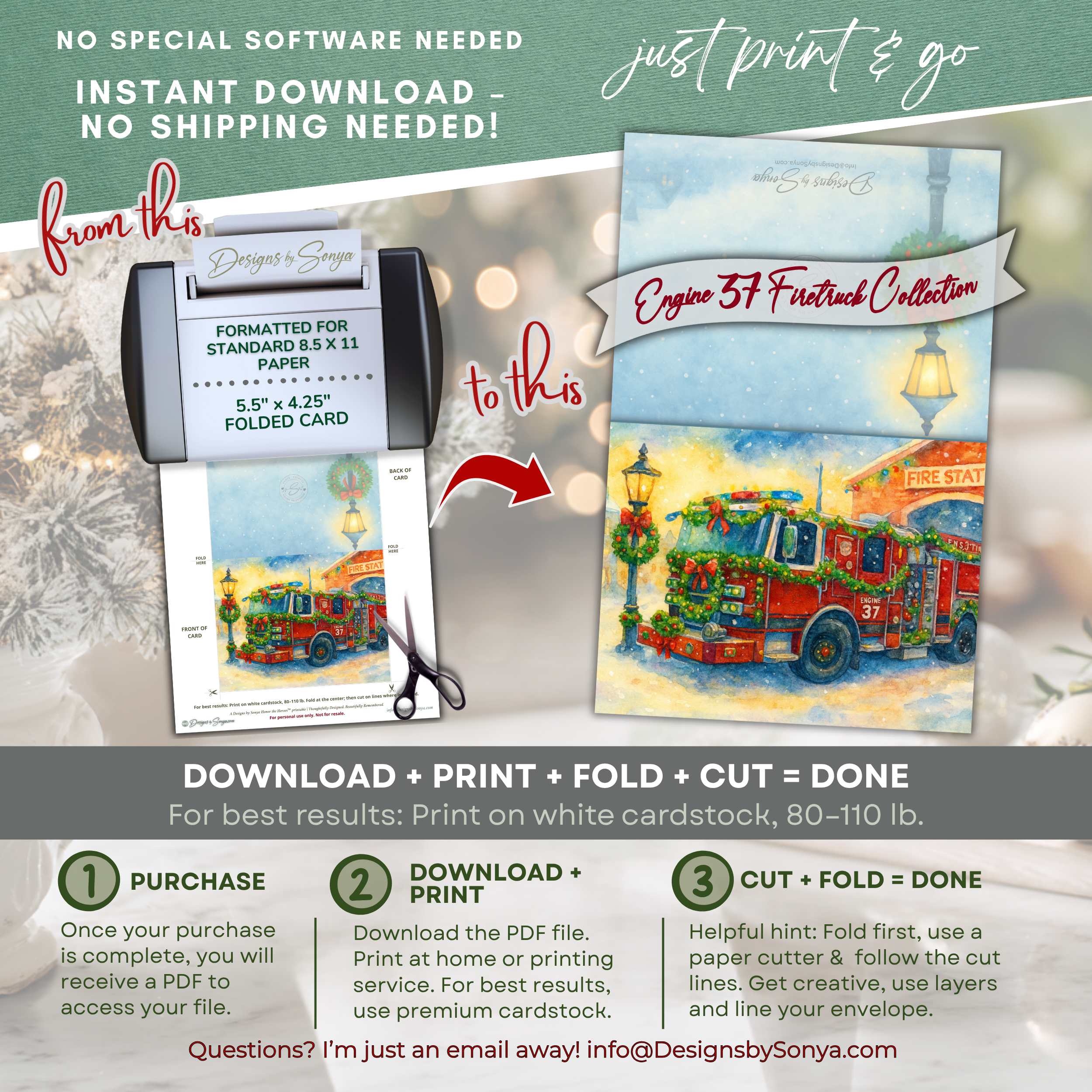 Engine 37 Printable Firetruck Christmas Card • Festive Firehouse Holiday Greeting • A2 (5.5"x4.25") • Garland-Wrapped Truck Scene • Instant Download DIY