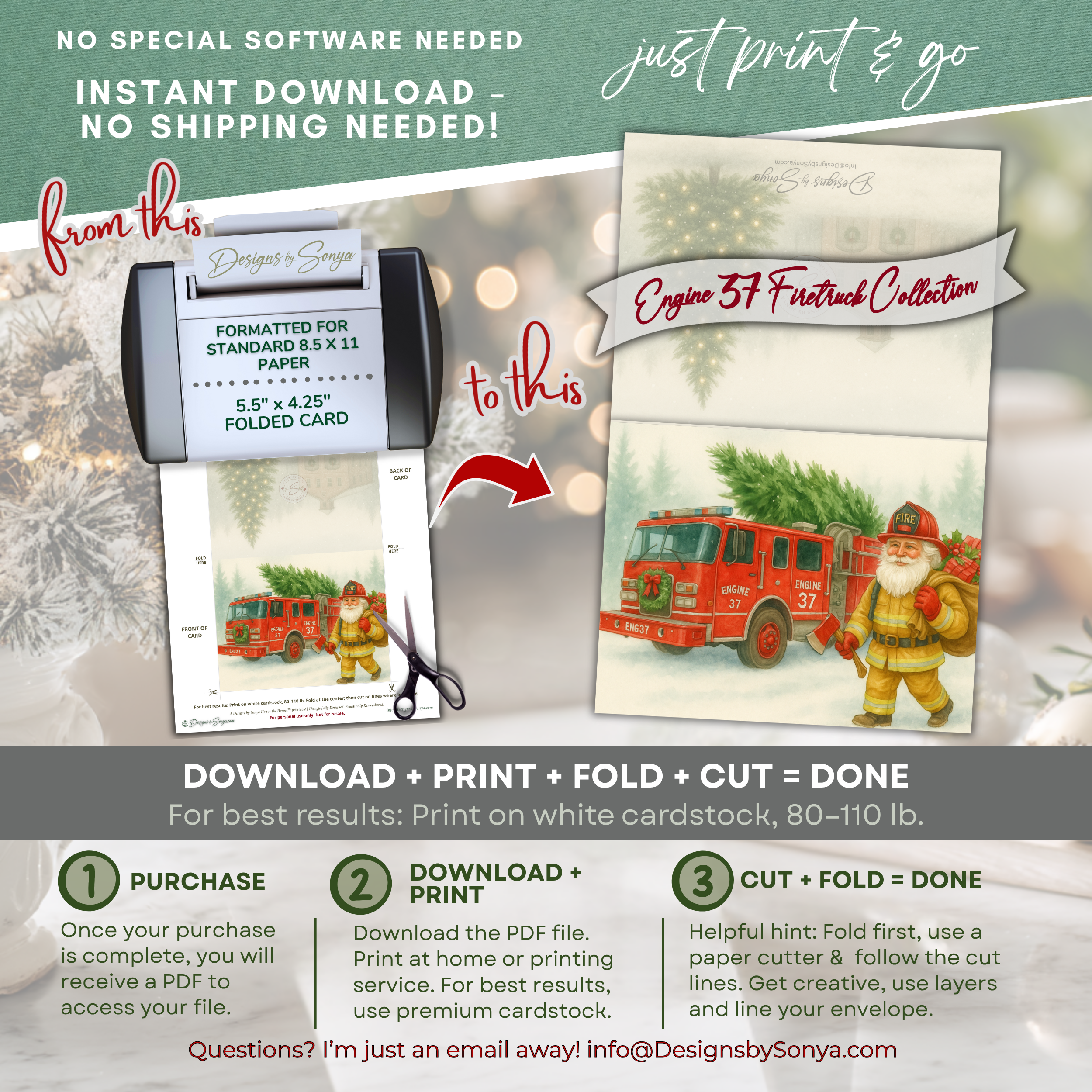 Engine 37 Printable Firetruck Christmas Card • Firefighter Santa with Axe Holiday Greeting • Festive Tree Scene • A2 (5.5"x4.25") • Instant Download DIY