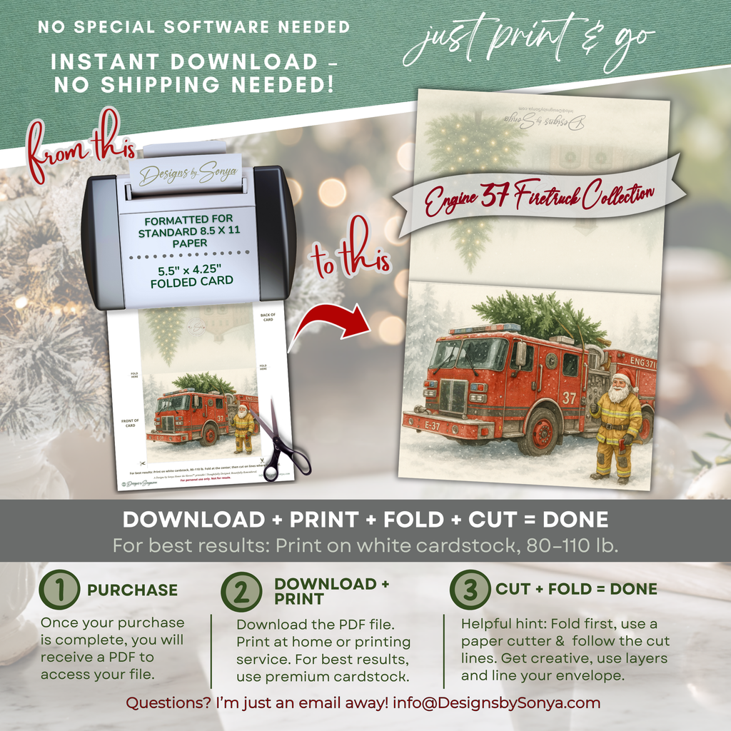 Printable Firetruck Christmas Card • Engine 37 Watercolor Holiday Card • Firefighter A2 (5.5"x4.25") Folded Greeting Card