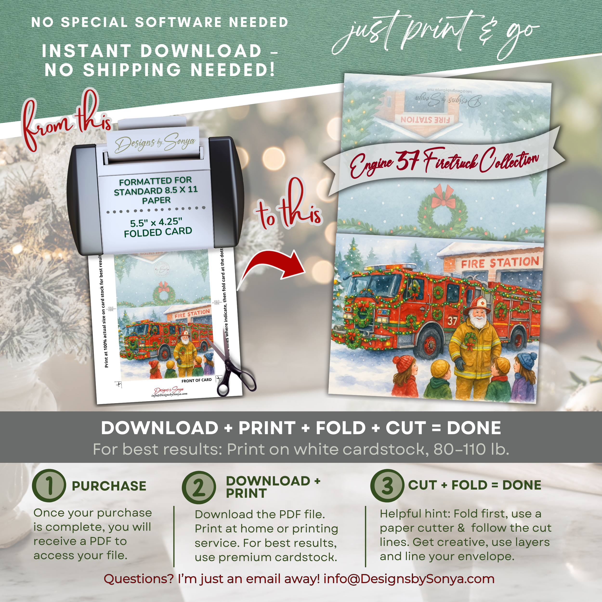 Engine 37 Firetruck Christmas Card Printable | A2 Holiday Card | Honor the Heroes Collection | Fire Station Santa Greeting Card | Envelope Liner