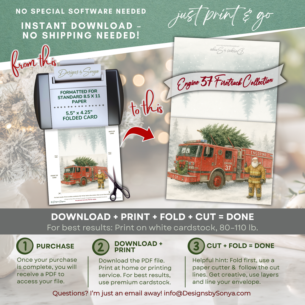 Engine 37 Firetruck Christmas Card Printable • Watercolor Firefighter Santa • Holiday Tree Delivery • Honor the Heroes Collection| A2 (5.5"x4.25") Greeting Card