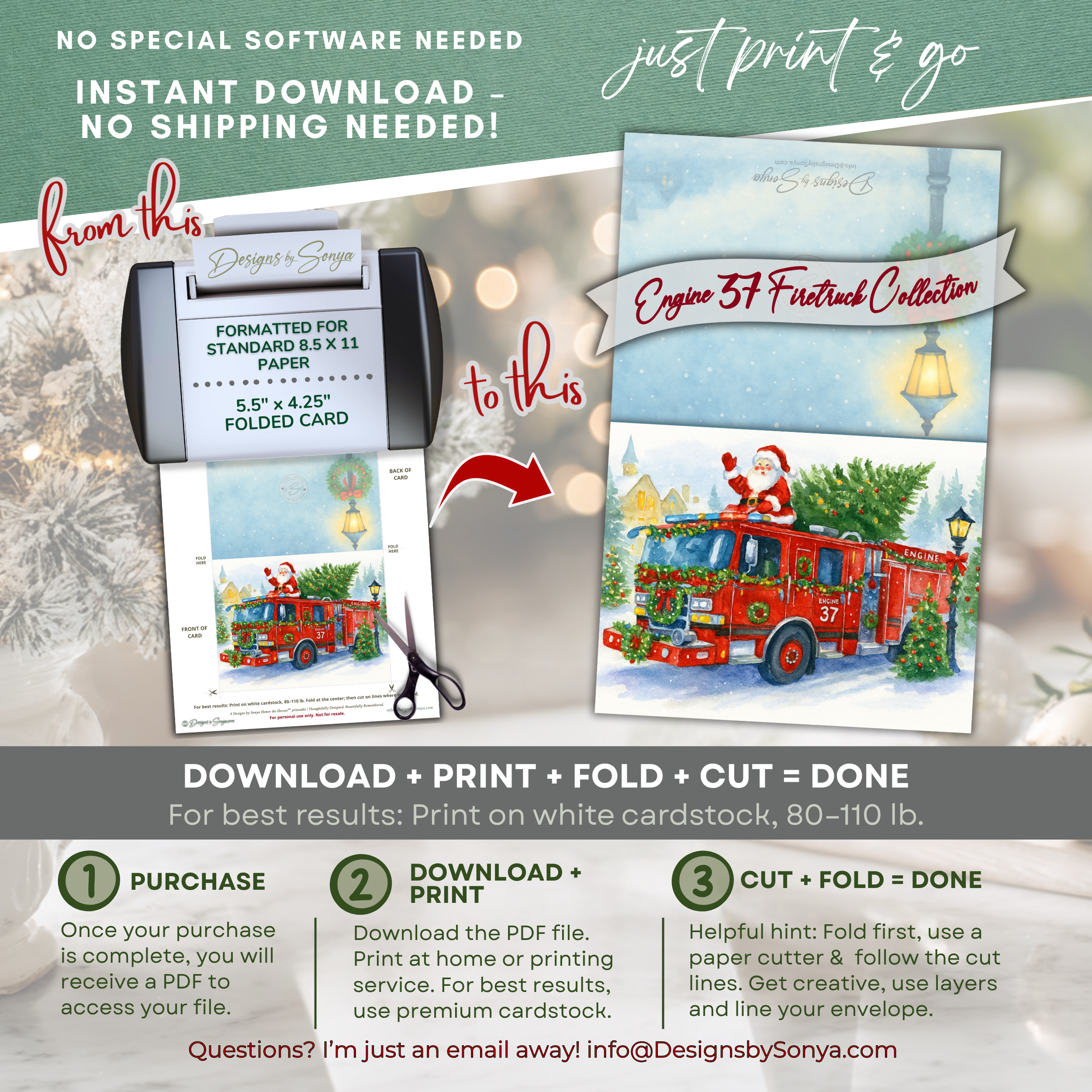 Engine 37 Printable Firetruck Christmas Card • Santa on Firetruck Holiday Greeting • Festive Wreath Scene • A2 (5.5"x4.25") • Instant Download DIY