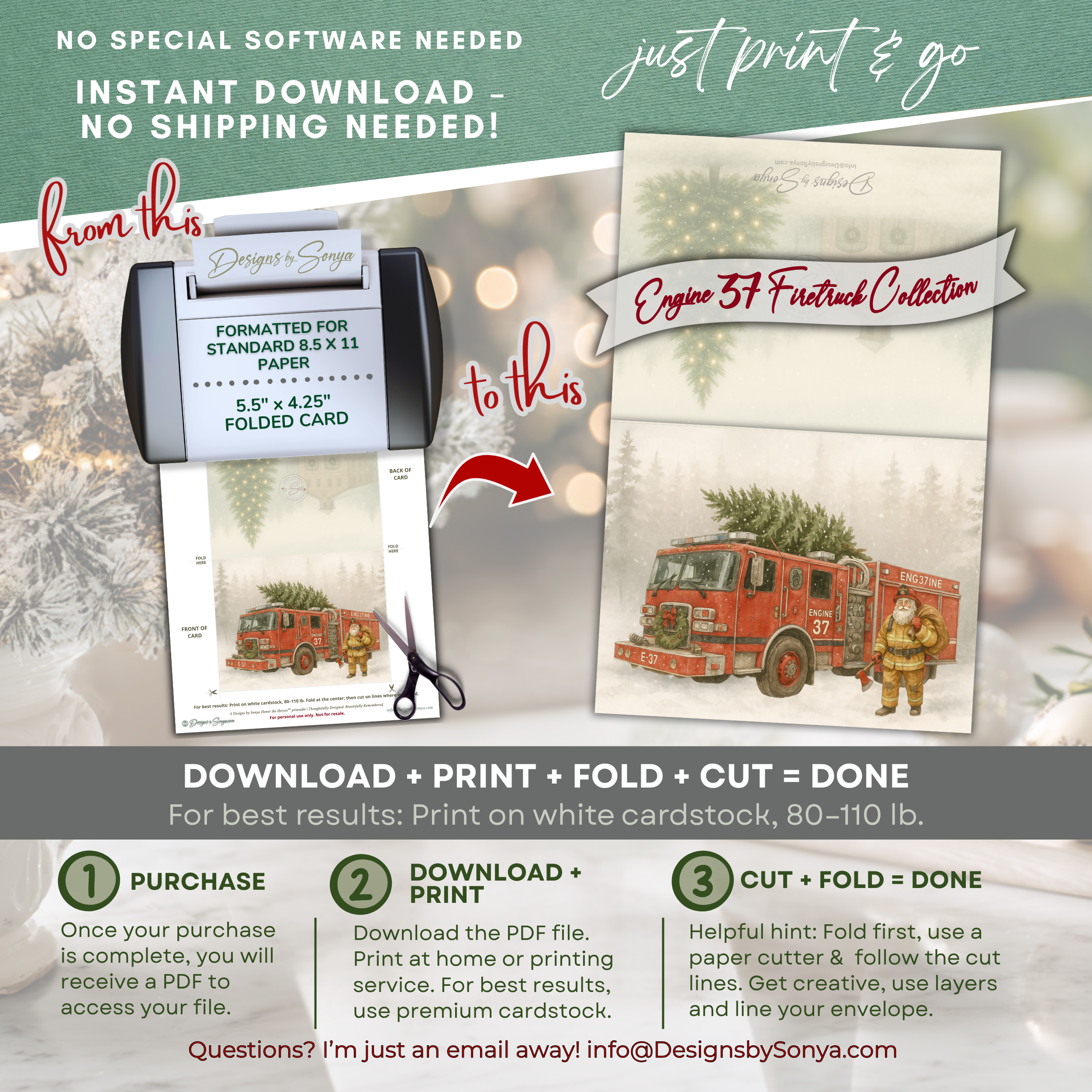 Engine 37 Firetruck Christmas Card · Santa Firefighter with Christmas Tree · Printable Holiday Card • A2 (5.5"x4.25") • Instant Download DIY