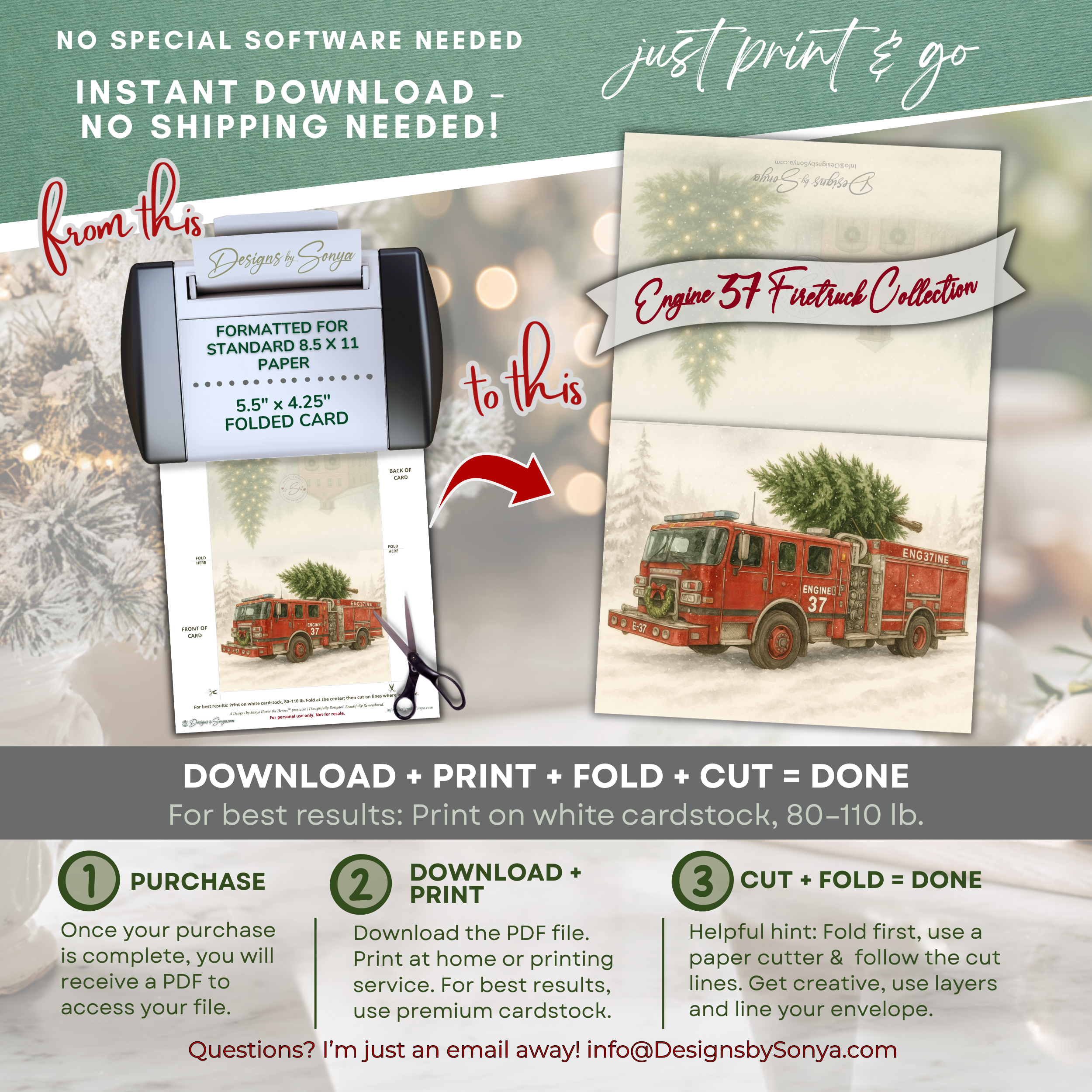 Printable Firetruck Christmas Card with Engine 37 Tree Delivery, Honor the Heroes Holiday Collection • Firefighter A2 (5.5"x4.25") Folded Greeting Card