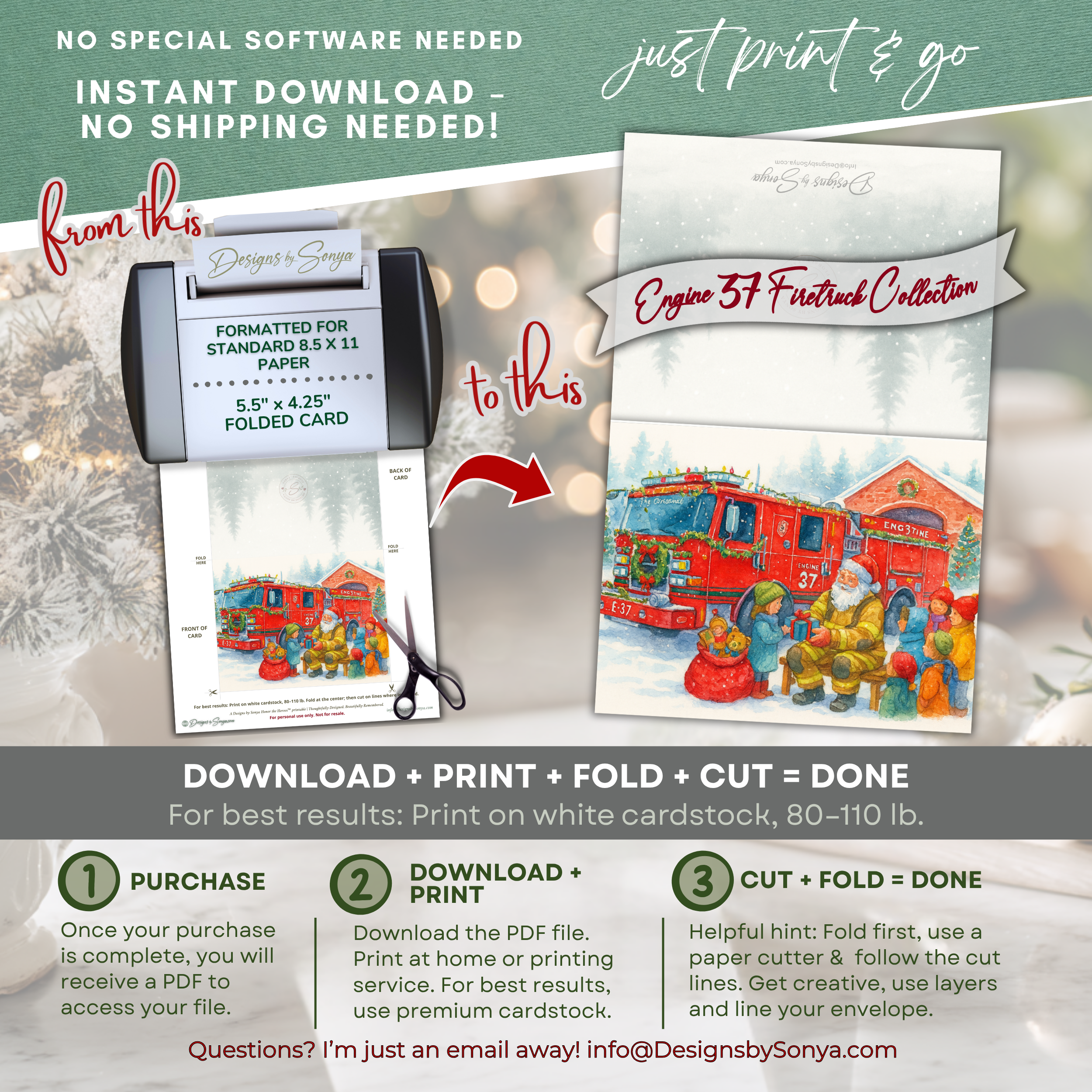 Engine 37 Printable Firetruck Christmas Card • Festive Firehouse Holiday Greeting • First Responder Santa Scene • Instant Download DIY