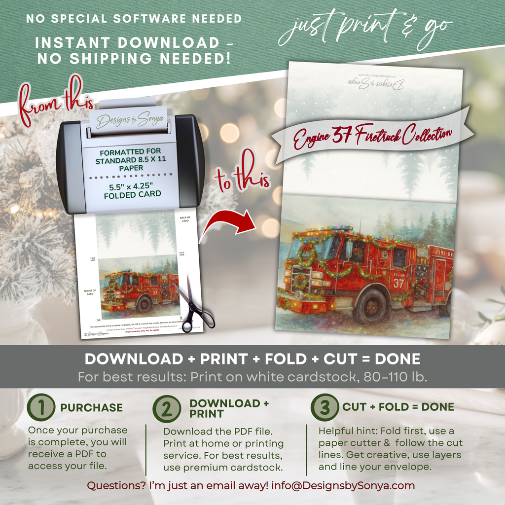 Engine 37 Snowy Firetruck Christmas Card Printable | A2 Holiday Card | Honor the Heroes Collection | Firefighter Greeting Card
