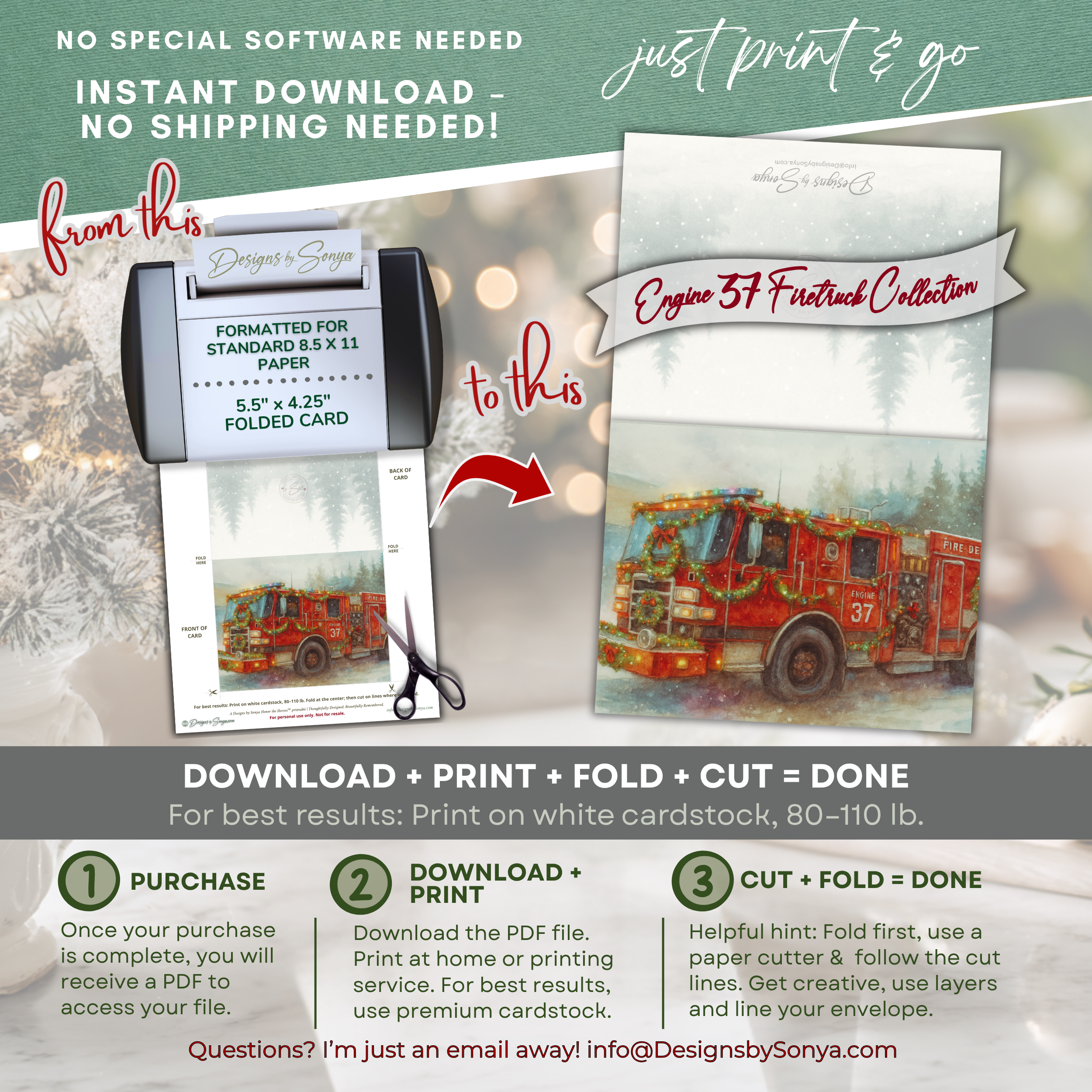 Engine 37 Snowy Firetruck Christmas Card Printable | A2 Holiday Card | Honor the Heroes Collection | Firefighter Greeting Card