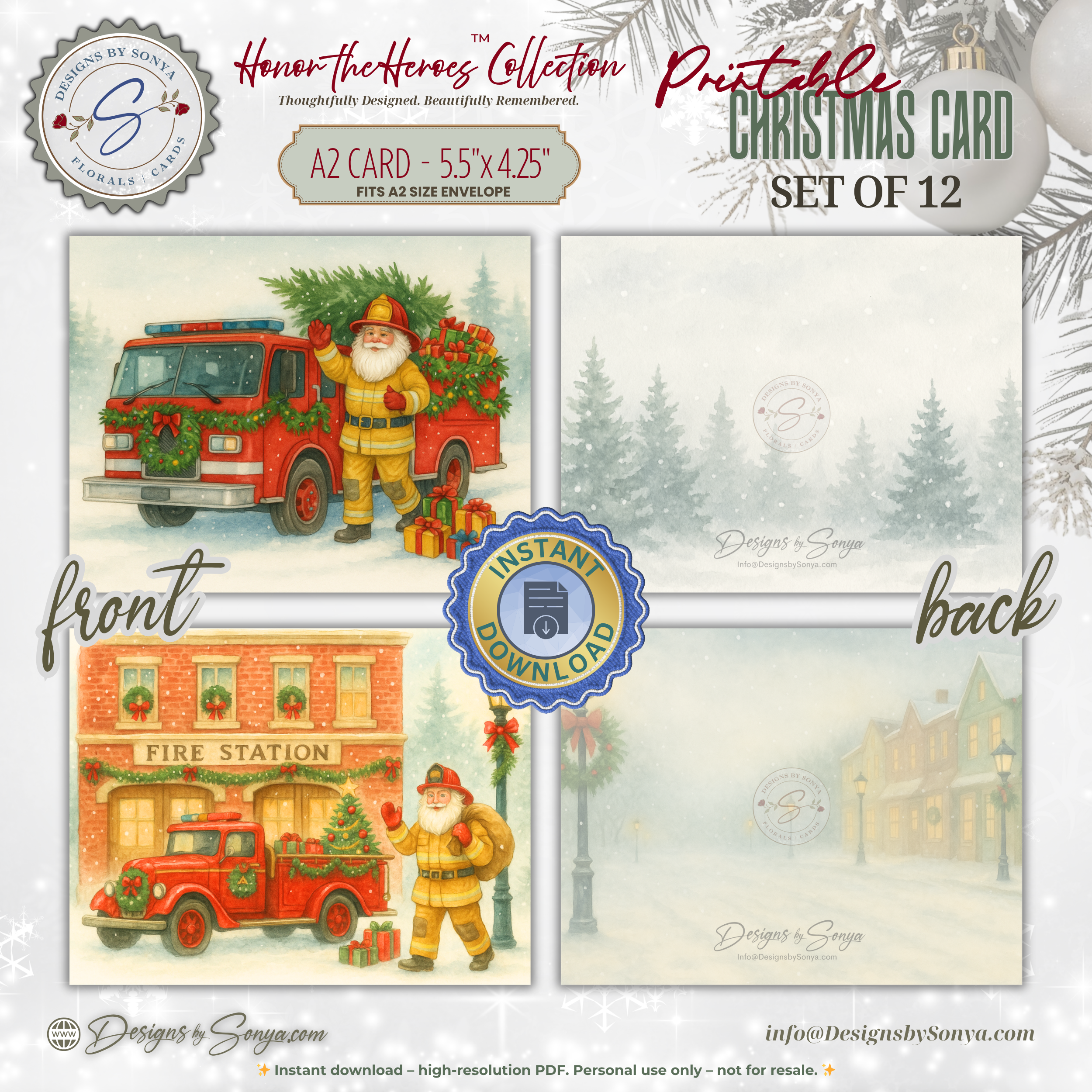 Printable Firefighter Santa Christmas Card Set of 12, A2 Cards (5.5”x4.25”), First Responder Holiday Greetings, Fire Station Watercolor Art