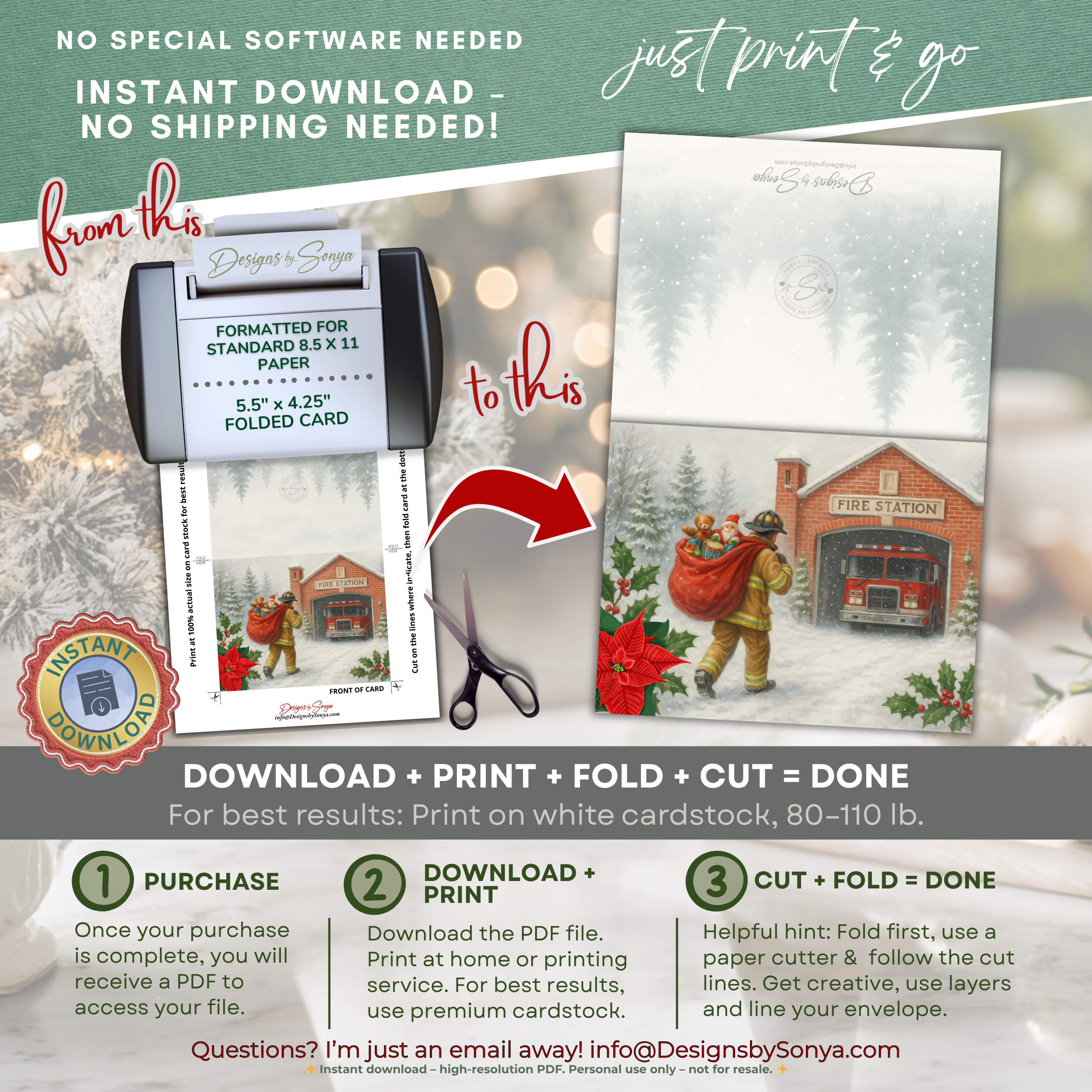 Printable Firefighter Santa Christmas Card • Honor the Heroes Collection • A2 (5.5"x4.25") Folded Card • Holiday Fire Station Art Download