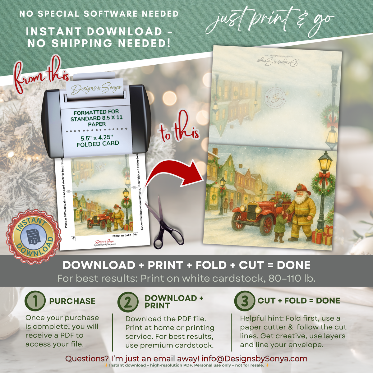 Printable Fireman Santa Christmas Card, Firefighter Holiday Greeting, A2 (5.5”x4.25”), First Responder Gift, Vintage Christmas Street Scene