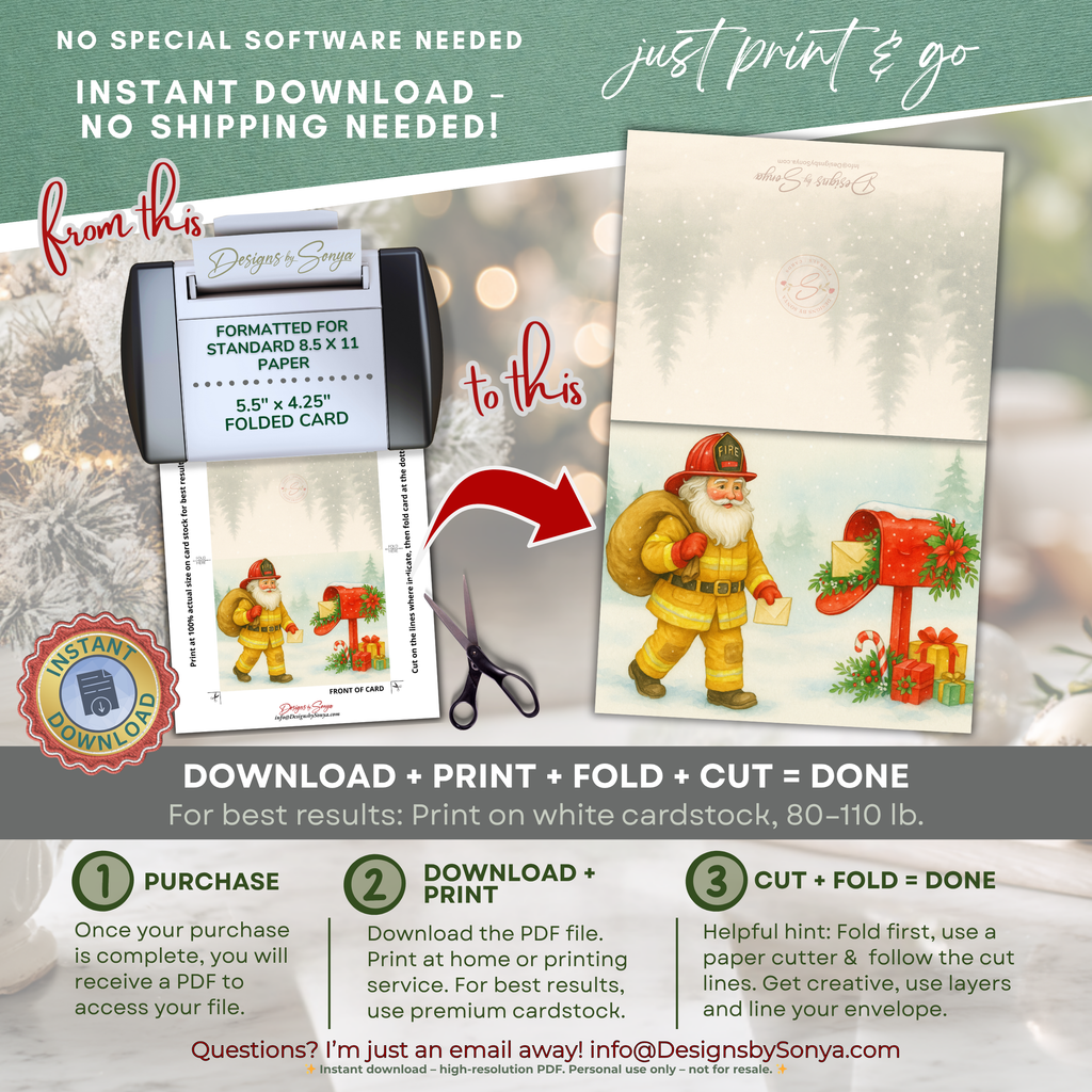 Printable Firefighter Santa Christmas Card, A2 (5.5”x4.25”), Fireman Holiday Greeting, First Responder Gift, Watercolor Art, Mailbox Scene