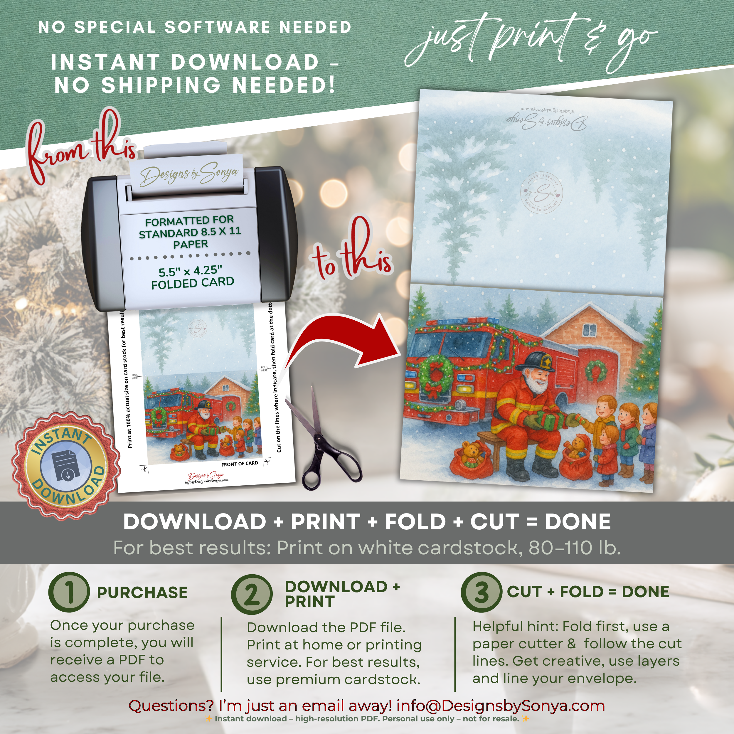 Fireman Santa Printable Christmas Card • A2 (5.5”x4.25”) • Watercolor Firetruck Scene with Kids, Gifts & Holiday Cheer