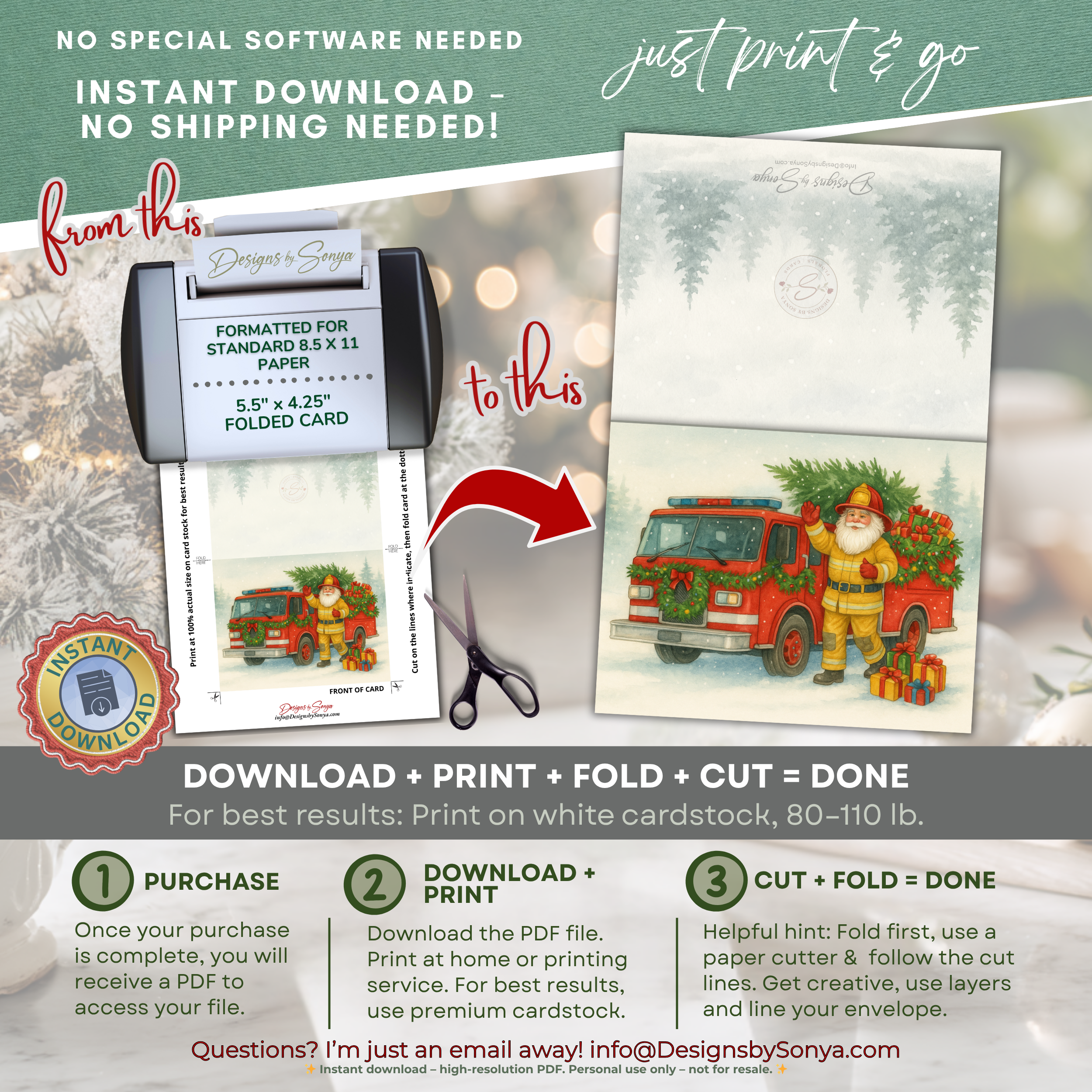 Printable Fireman Santa Christmas Card, Firefighter Holiday Greeting, A2 (5.5”x4.25”), First Responder Gift, Watercolor Fire Truck Scene