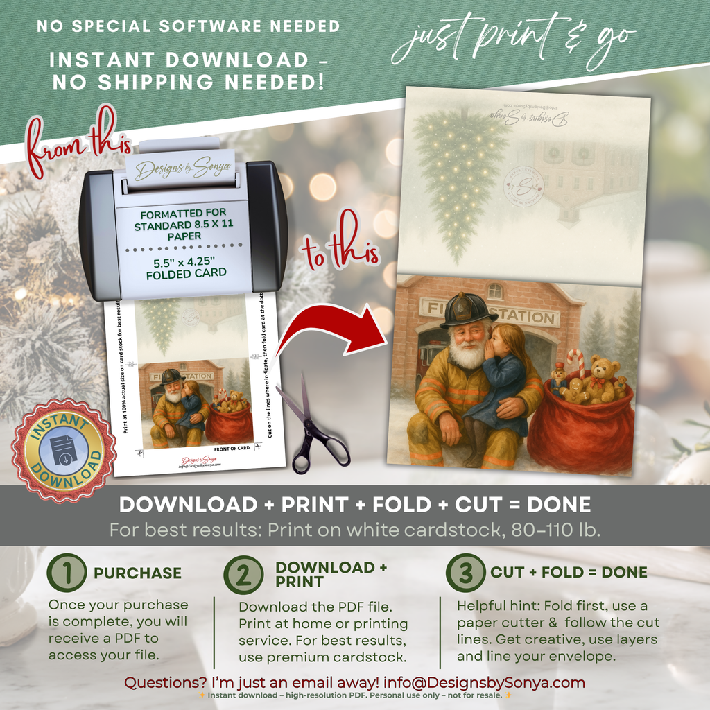 Fireman Santa Printable Christmas Card • A2 (5.5”x4.25”) • Whispering Child, Fire Station Scene, Watercolor First Responder Holiday Art