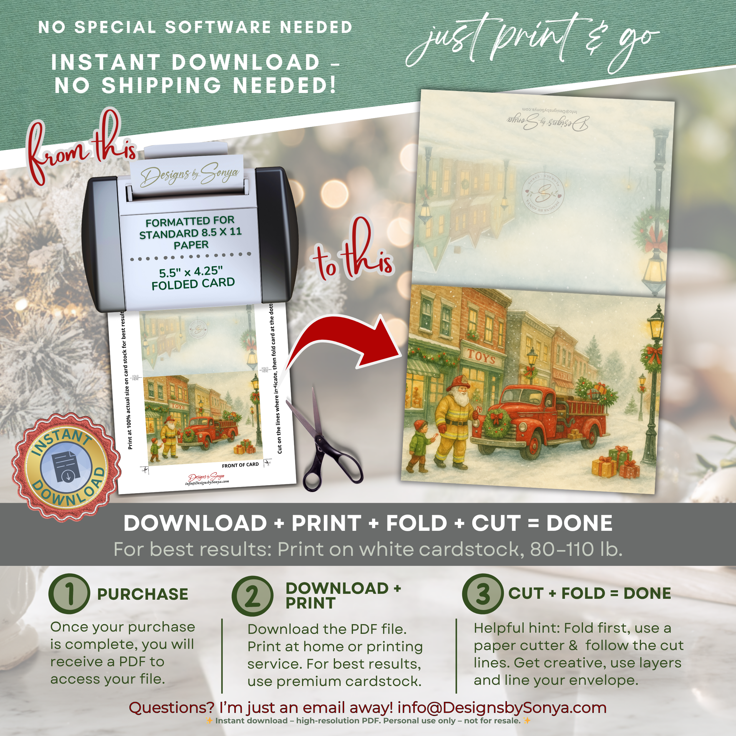 Printable Fireman Santa Christmas Card, Firefighter Holiday Greeting, A2 (5.5”x4.25”), First Responder Gift, Vintage Downtown Toy Shop Scene