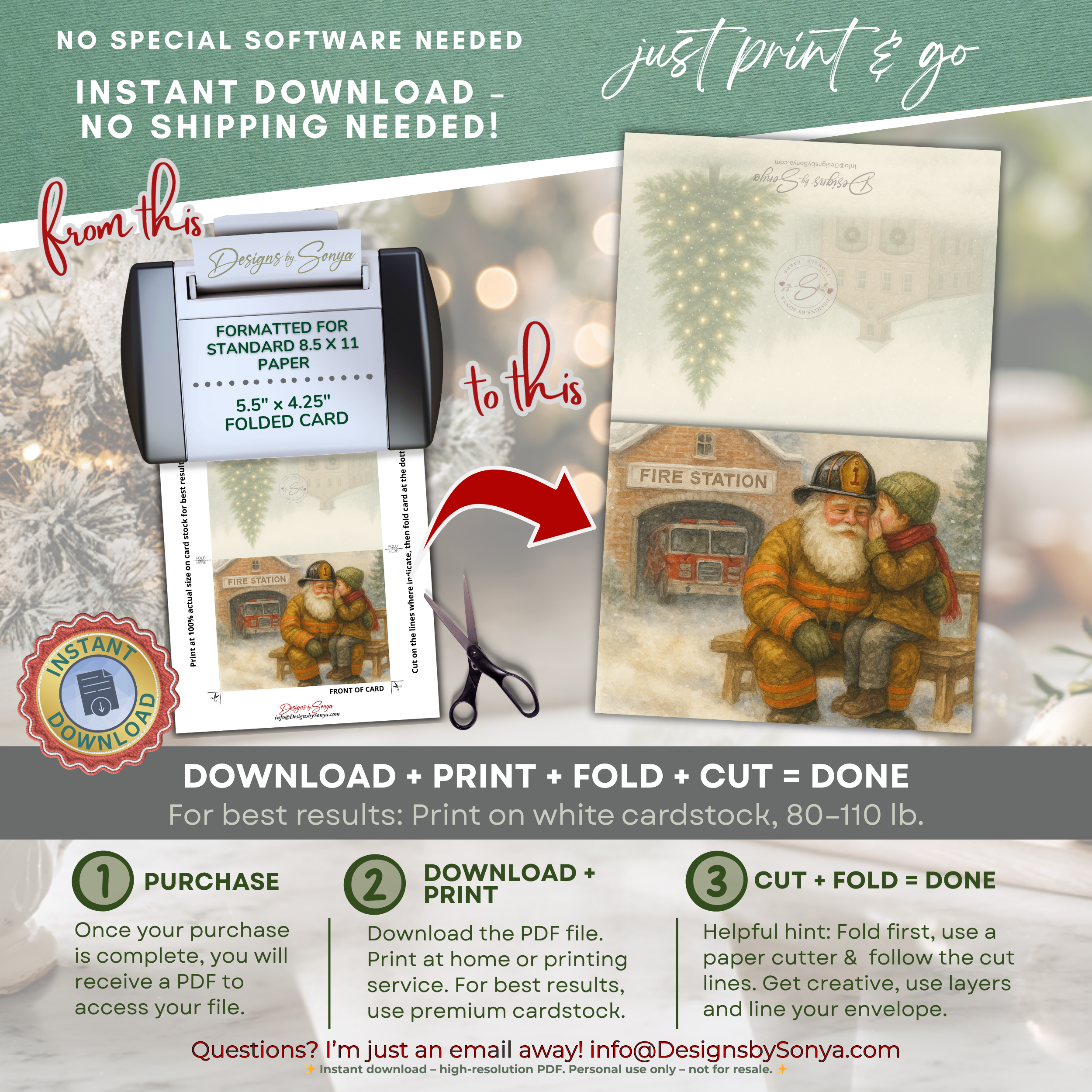 Fireman Santa Printable Christmas Card • A2 (5.5”x4.25”) • Child Whispering at Fire Station, Watercolor First Responder Holiday Art