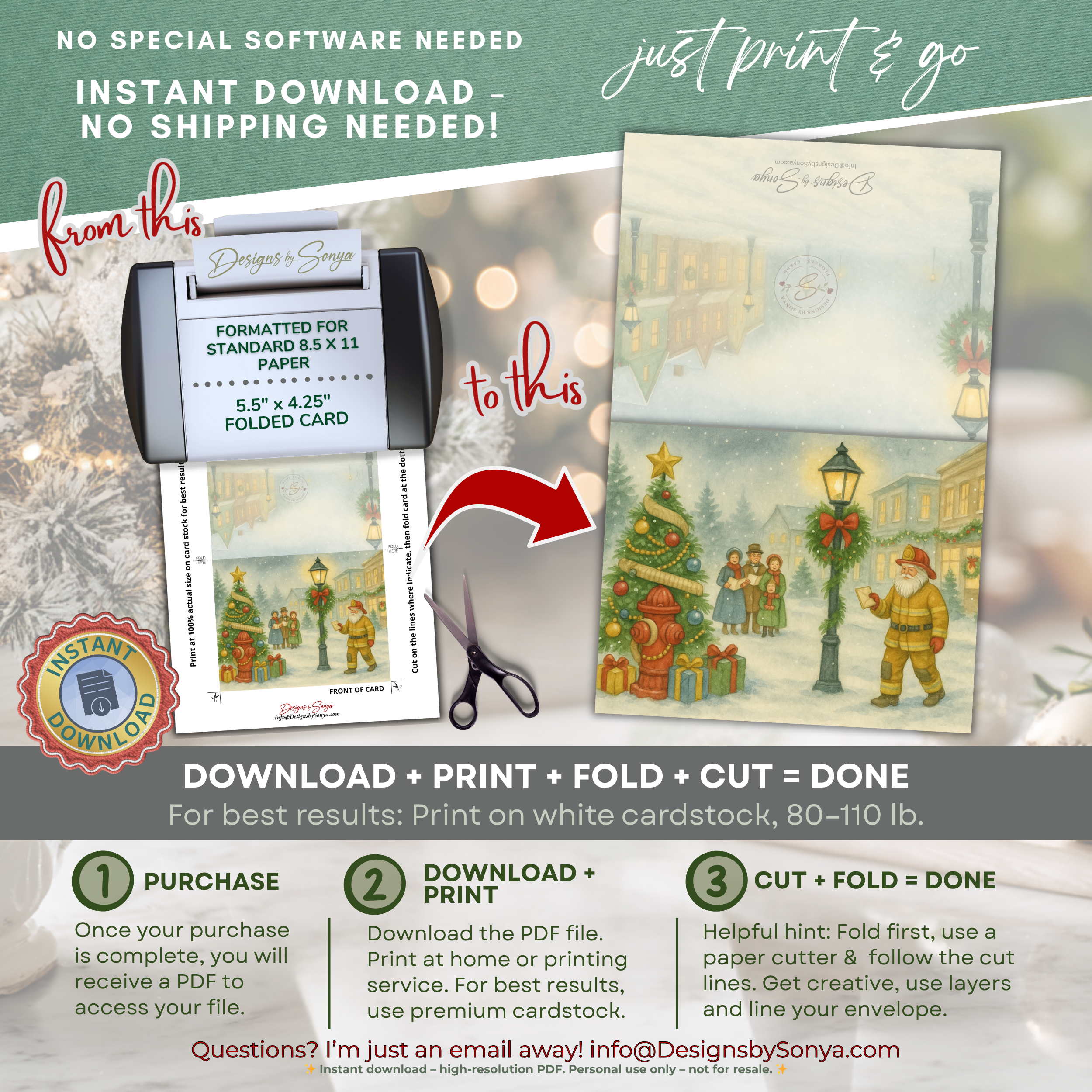 Printable Fireman Santa Christmas Card, Firefighter Holiday Greeting, A2 (5.5”x4.25”), First Responder Gift, Carolers & Decorated Tree Scene