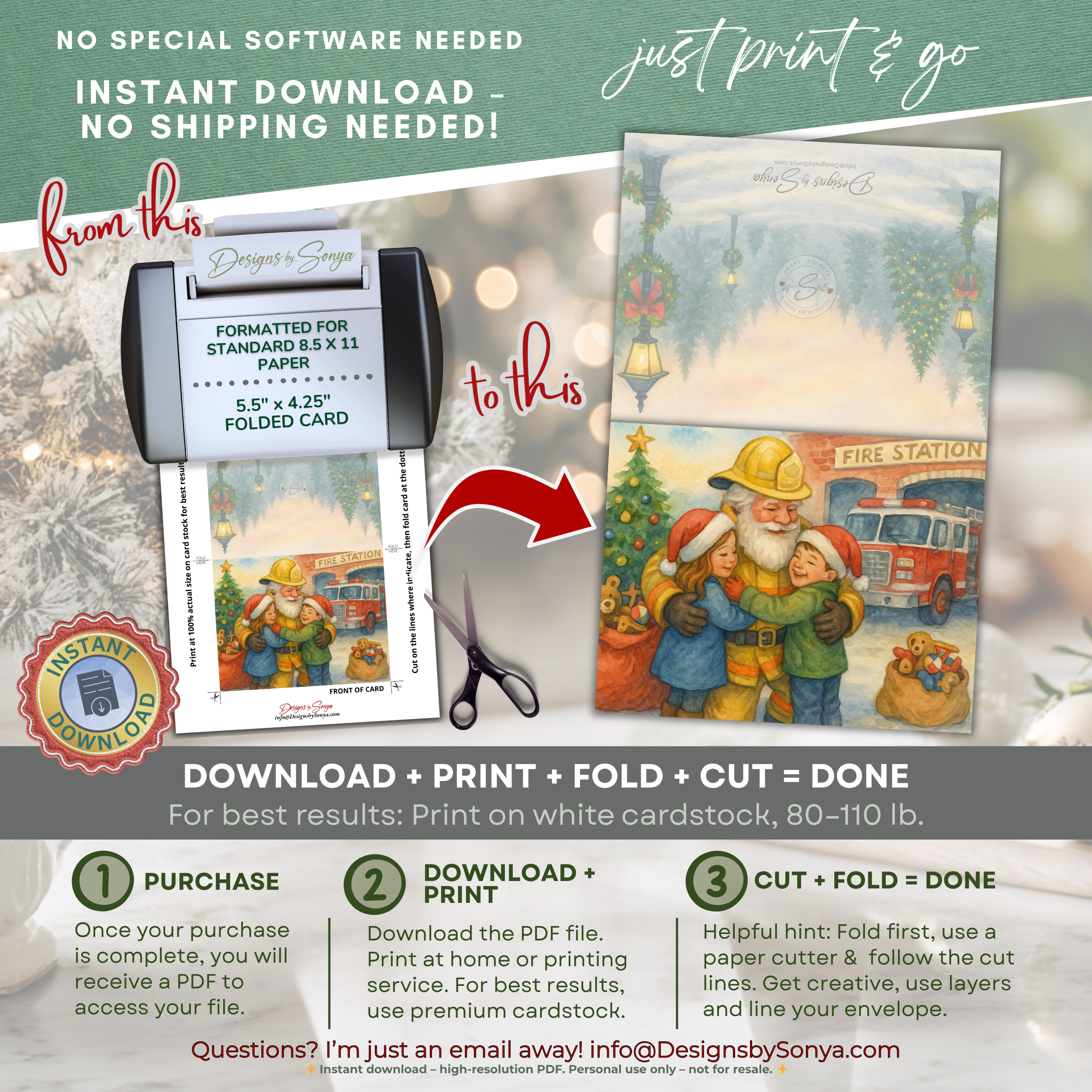 Printable Fireman Santa Christmas Card, Firefighter Holiday Greeting, A2 Card (5.5”x4.25”), First Responder Gift, Watercolor Station Scene, Honor the Heroes