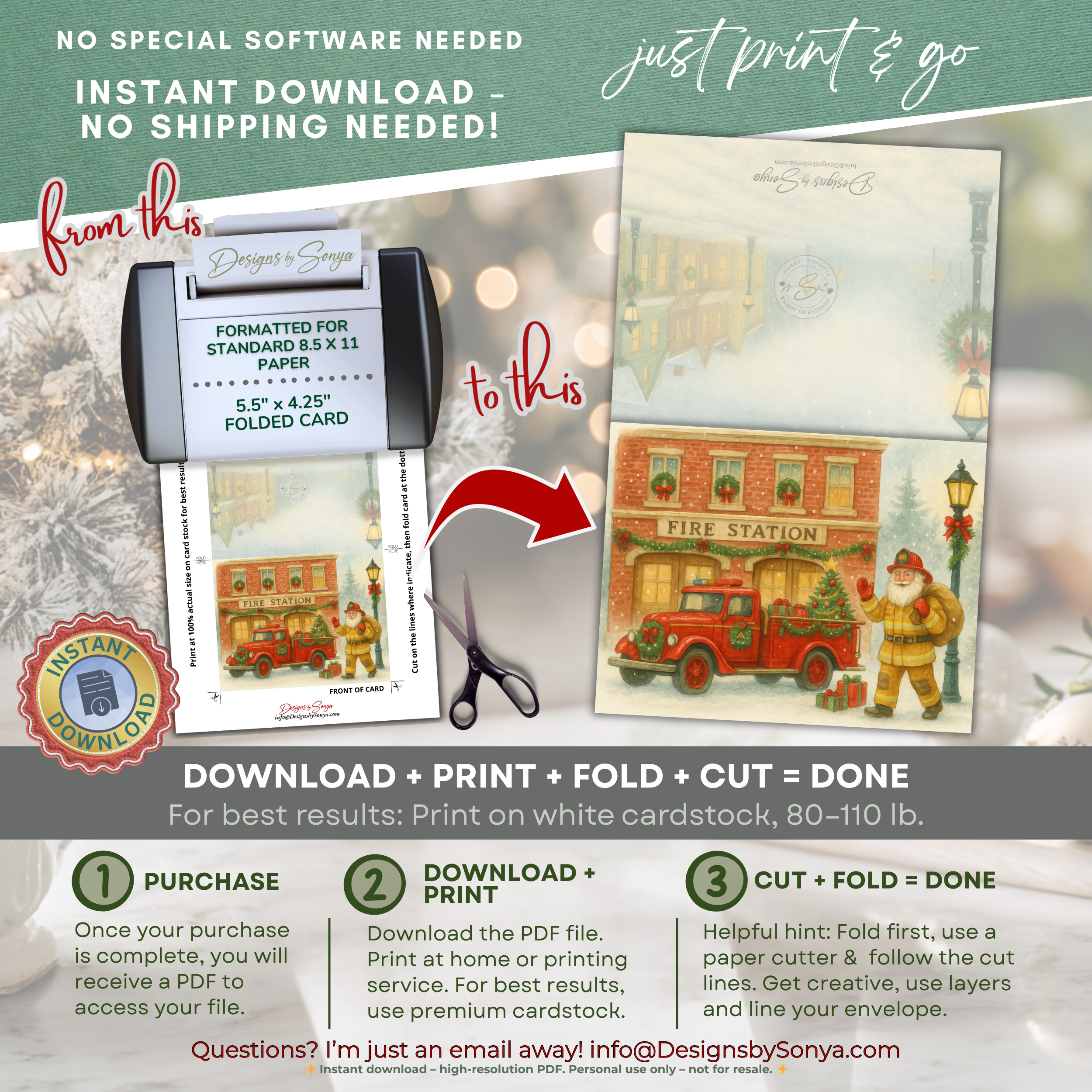 Printable Fireman Santa Christmas Card, Firefighter Holiday Greeting, A2 (5.5”x4.25”), First Responder Gift, Vintage Fire Station Scene