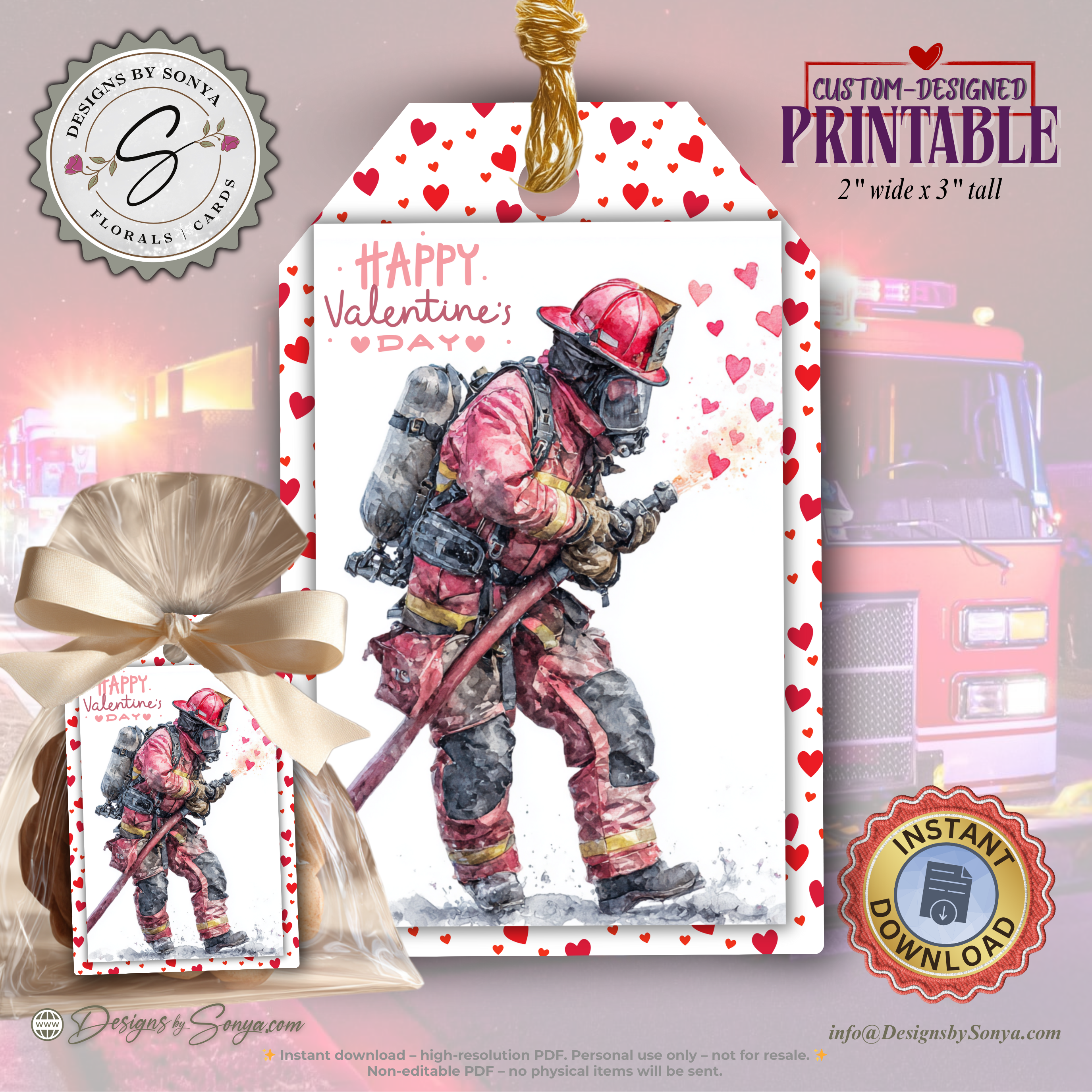 Firefighter Valentine Printable Gift Tags – Watercolor Fireman Valentine’s Day Treat Bag Label – First Responder 2"x3" Holiday Favor