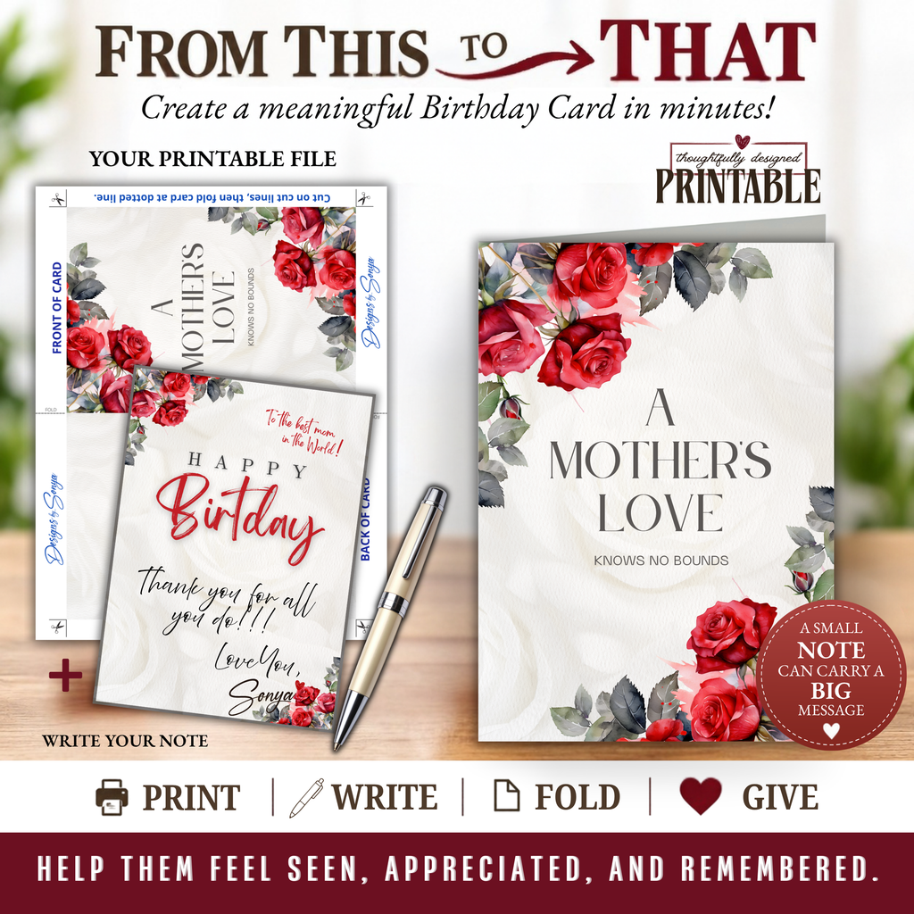 Printable Birthday Card for Mom | Elegant Red Rose Floral Greeting Card | A Mother's Love | A7 5x7 PDF