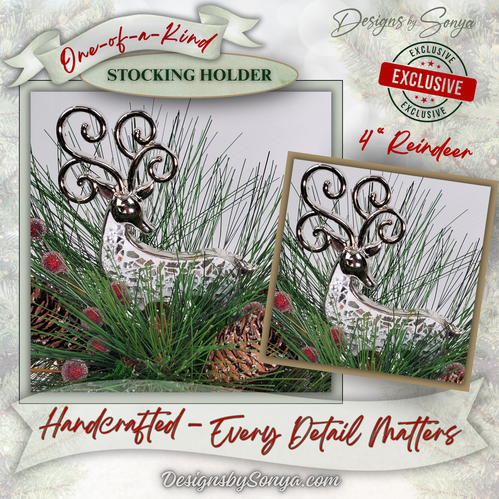 Handcrafted Reindeer Stocking Holder Closeup
Closeup of metallic reindeer centerpiece surrounded by pinecones, frosted greenery, and red berry accents. Handmade stocking holder with holiday floral artistry.