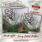 Handcrafted Reindeer Stocking Holder Closeup
Closeup of metallic reindeer centerpiece surrounded by pinecones, frosted greenery, and red berry accents. Handmade stocking holder with holiday floral artistry.