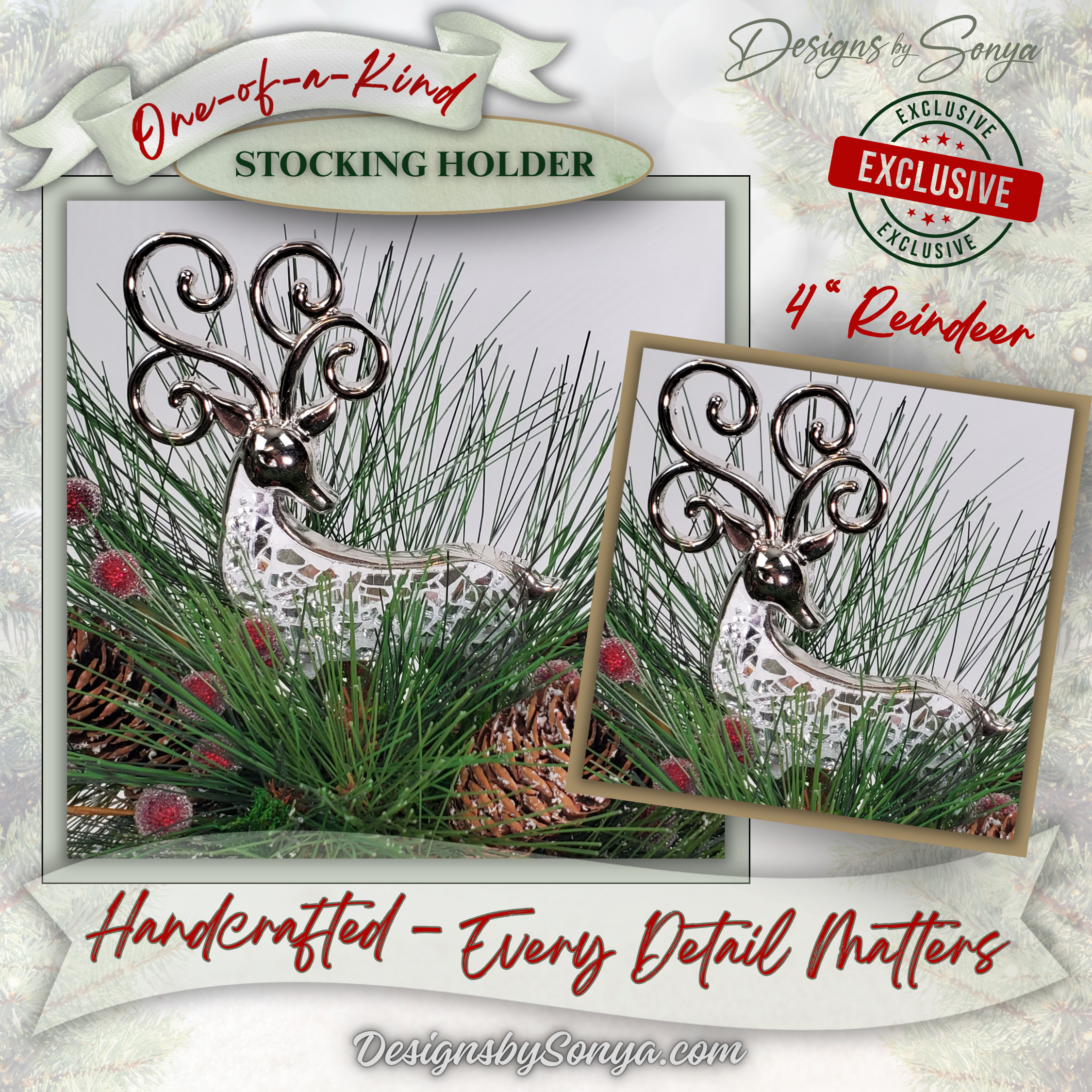 Handcrafted Reindeer Stocking Holder Closeup
Closeup of metallic reindeer centerpiece surrounded by pinecones, frosted greenery, and red berry accents. Handmade stocking holder with holiday floral artistry.