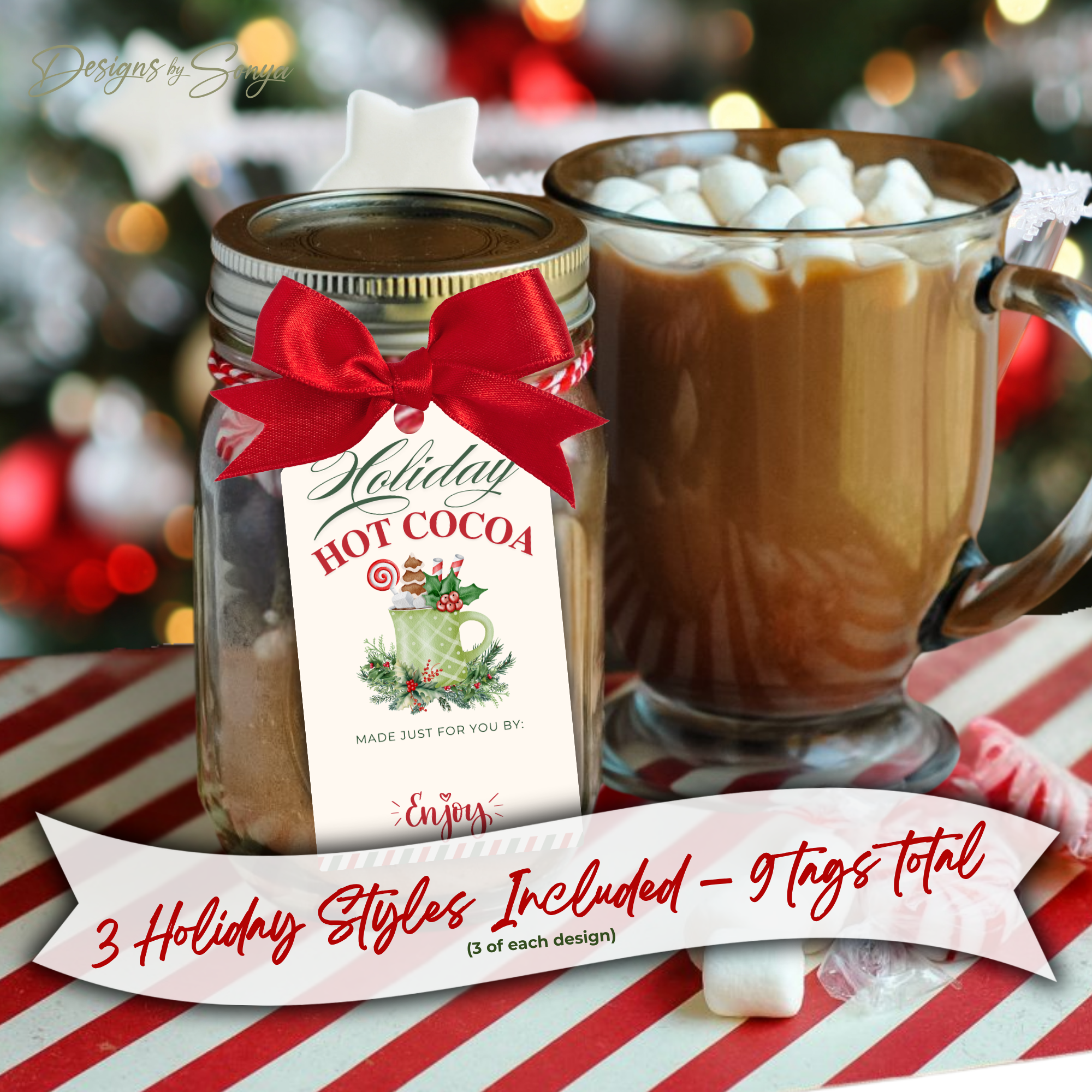 Holiday Cocoa Tag on Mason Jar Gift
Holiday hot cocoa gift tag on a mason jar filled with cocoa mix, paired with a festive mug of hot cocoa topped with marshmallows.