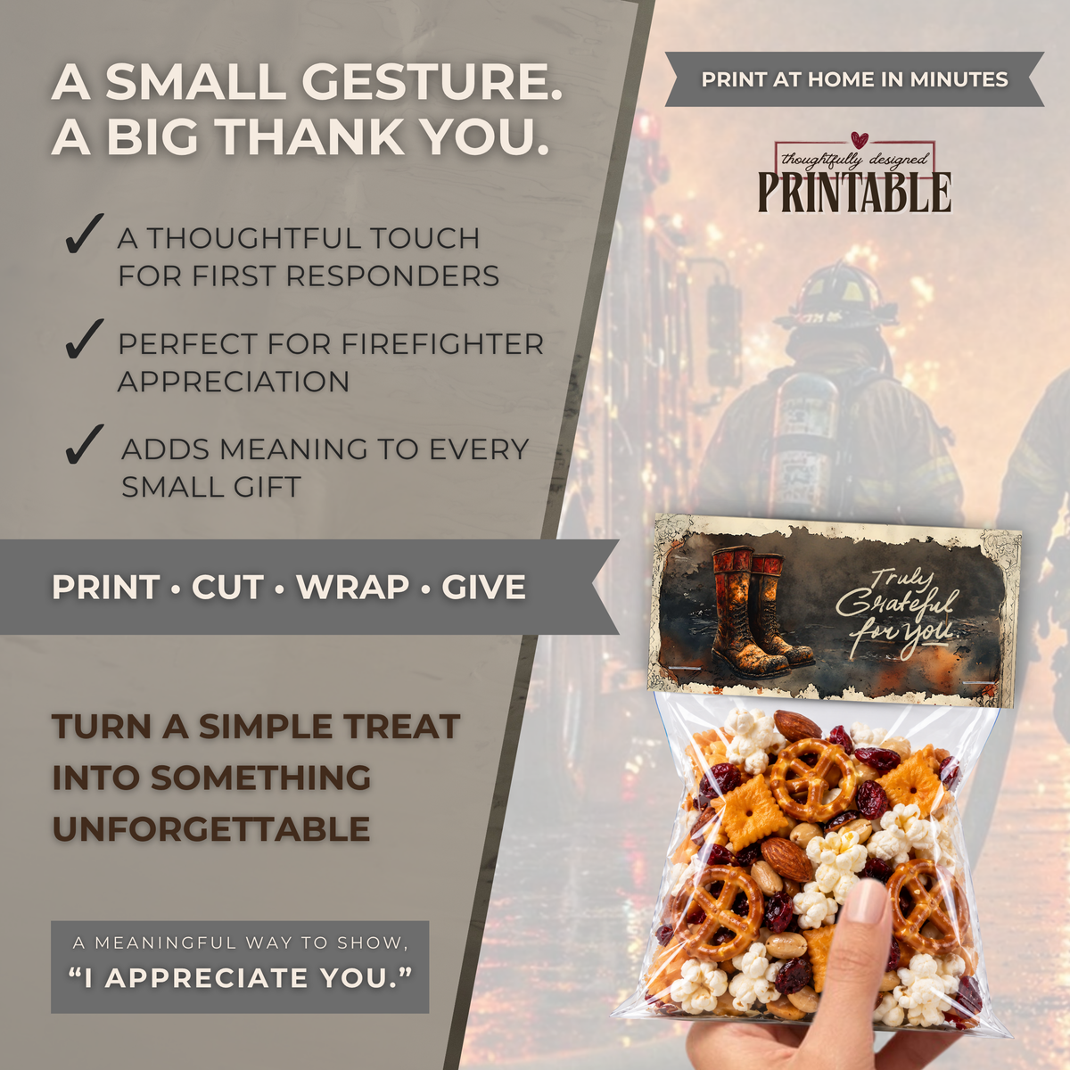 Printable Firefighter Treat Bag Topper | Firefighter Appreciation Gift | First Responder Thank You