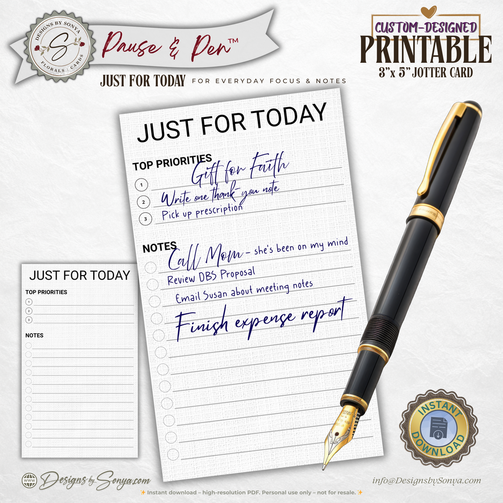 Just for Today Jotter Card Printable – 3x5 Daily Focus & Notes Card – Minimal Task List for Intentional Planning & Simple Living