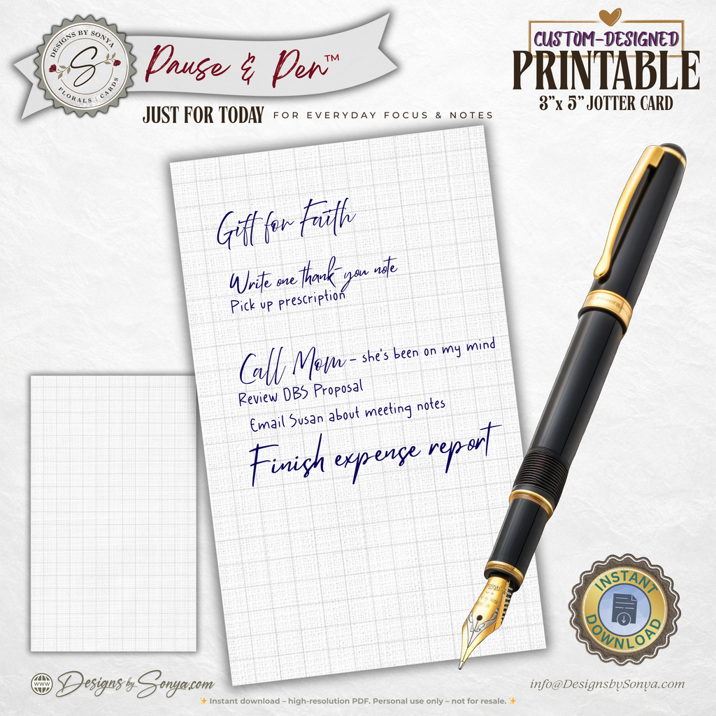 3x5 Jotter Card Printable Set of 3 – Just for Today, Notes & Grid Cards for Daily Focus – Pause & Pen™ Printable Stationery