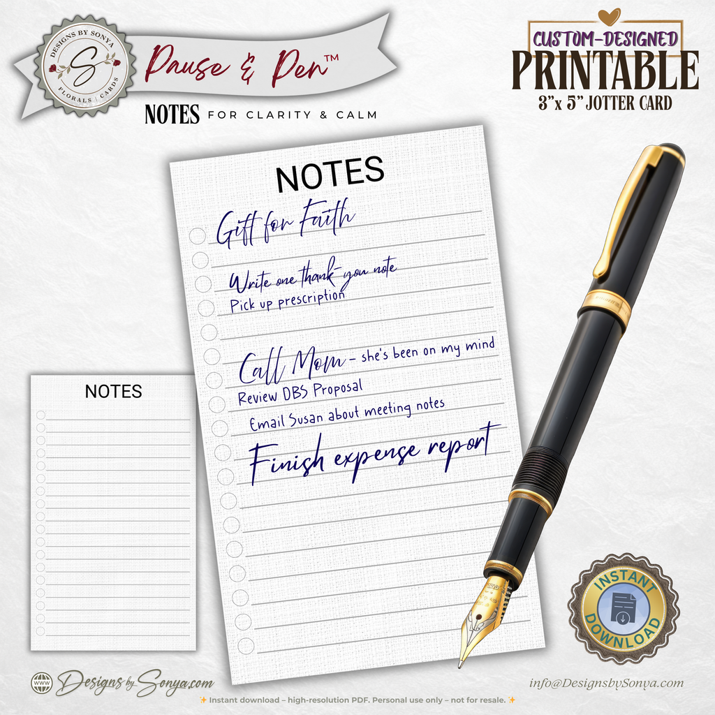 3x5 Jotter Note Card Printable – Minimal Notes & Checklist Card for Daily Focus – Pause & Pen™ Printable Pocket Stationery