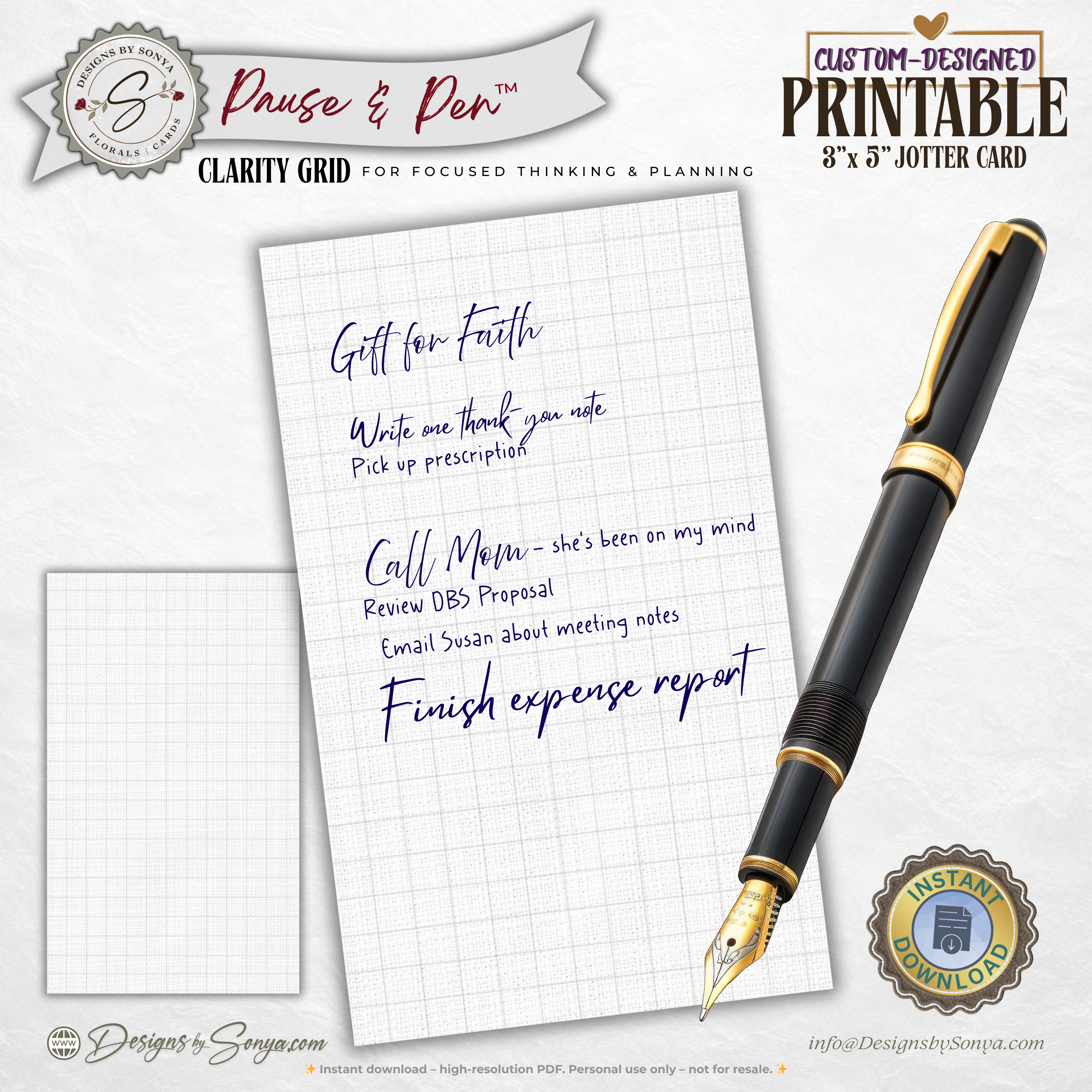 3x5 Grid Jotter Card Printable – Minimal Graph Note Card for Planning & Sketching – Pause & Pen™ Printable Pocket Stationery