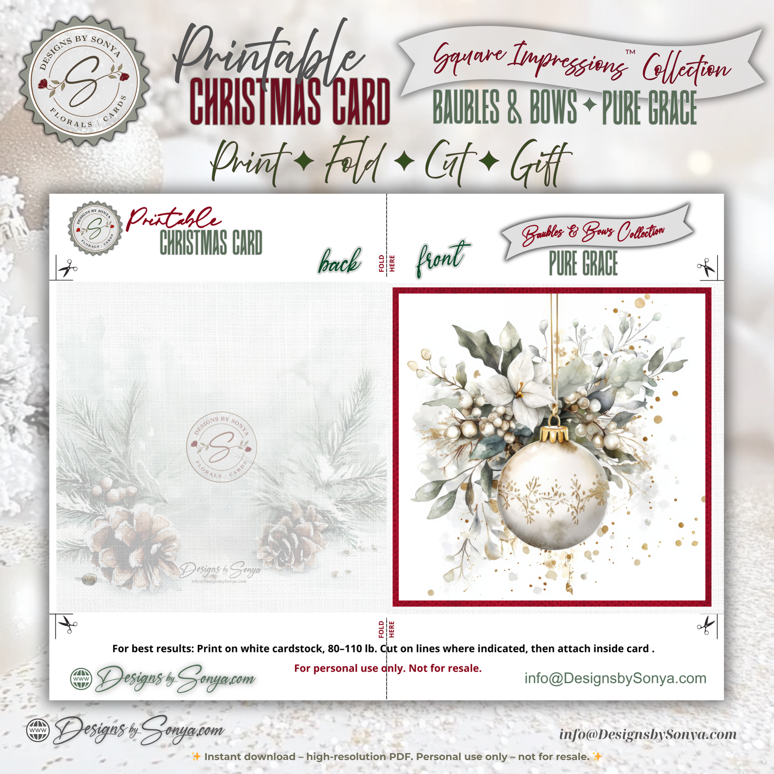 Ivory & Gold Ornament Watercolor Printable Christmas  5.5” Square Card – Elegant Holiday Greeting Note Card for Family and Friends