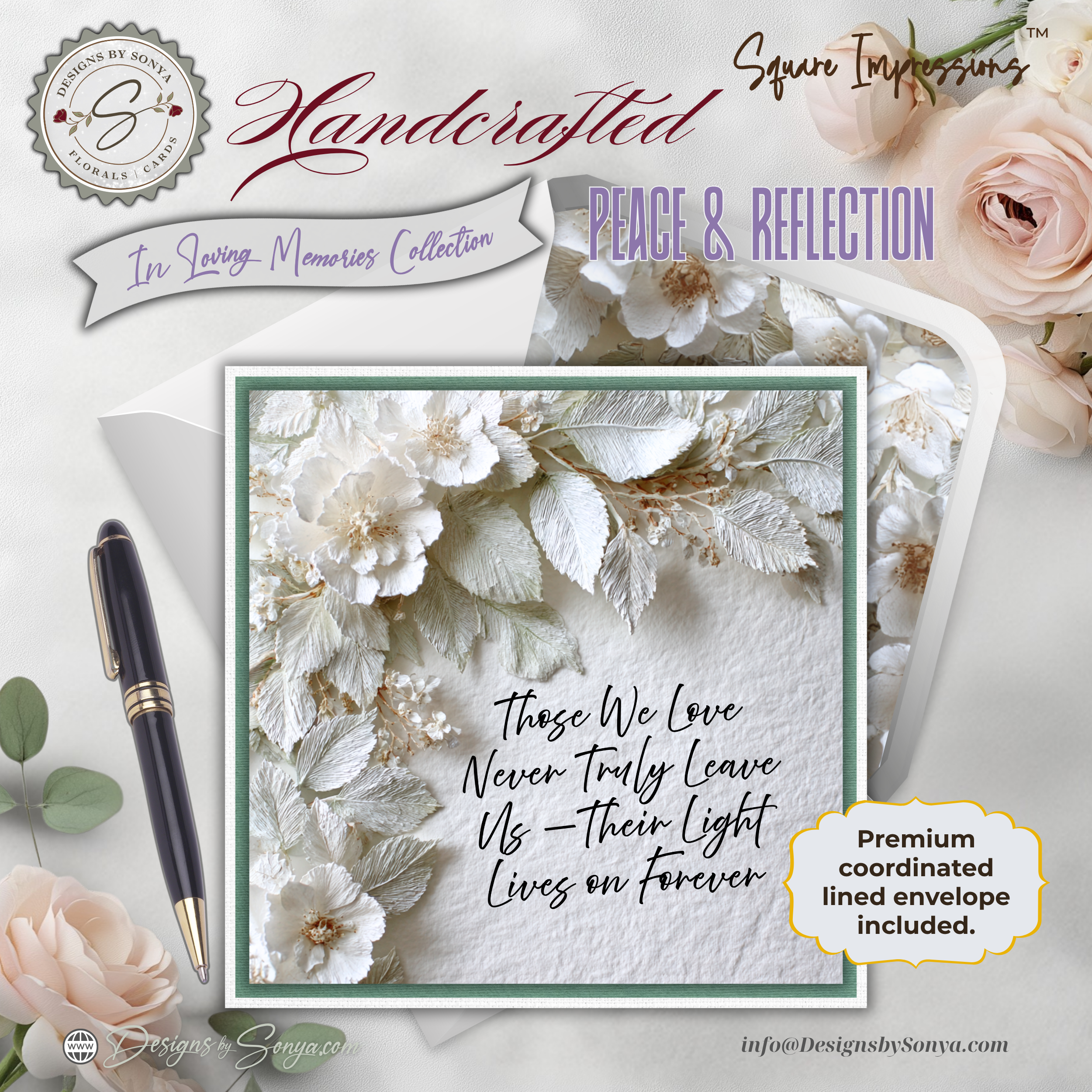 Handcrafted Square Sympathy Card – Peace & Reflection Florals, Memorial Condolence Card with Lined Coordinated Envelope, In Loving Memory Keepsake Gift
