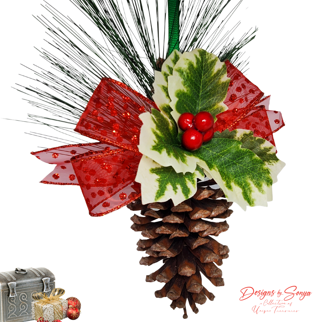 Close-up of Ornament Design
Detailed image of pinecone ornament featuring red polka dot bow, variegated green holly leaves, and glossy red berries for holiday charm.