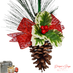 Close-up of Ornament Design
Detailed image of pinecone ornament featuring red polka dot bow, variegated green holly leaves, and glossy red berries for holiday charm.