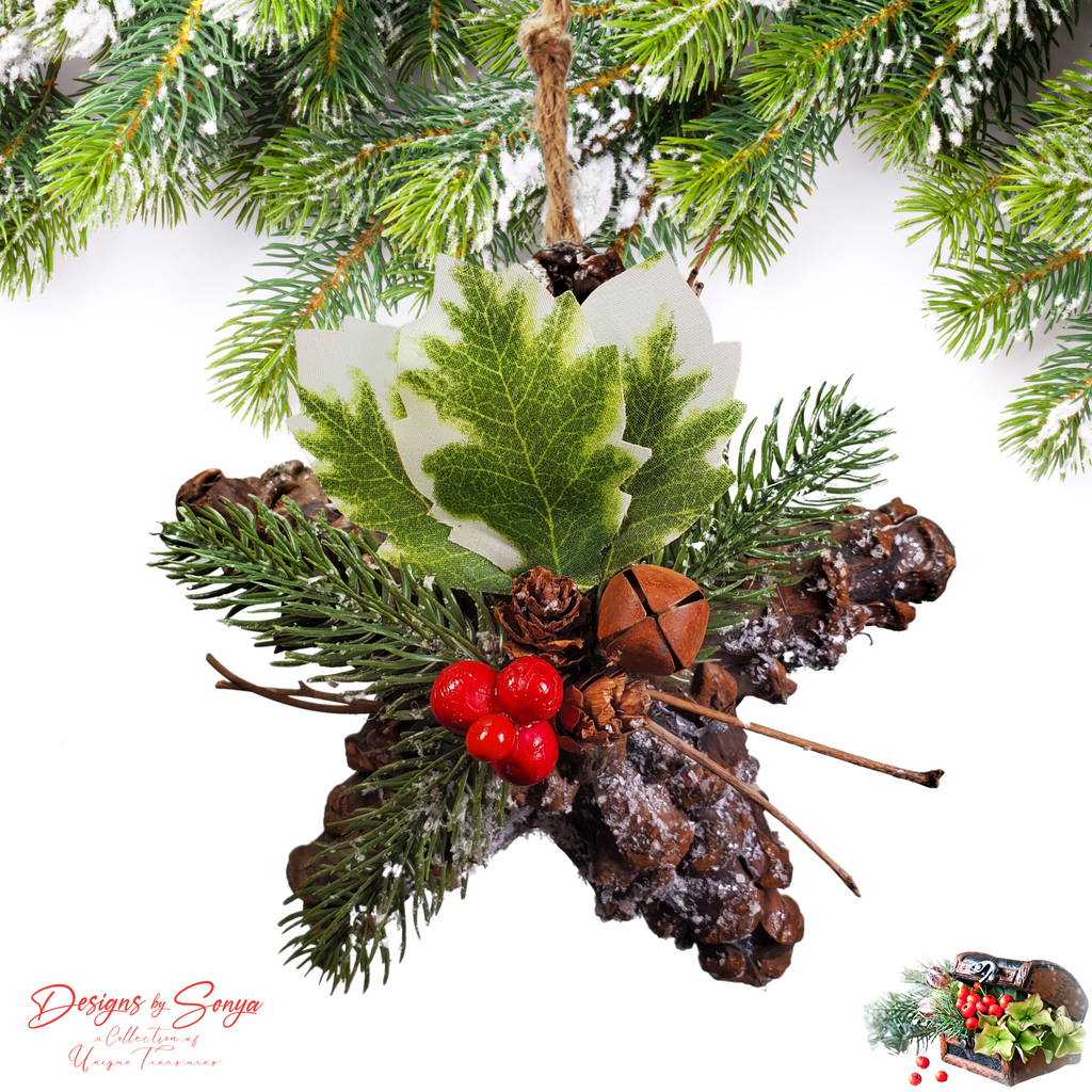 Pinecone Star Ornament Hanging on Tree
Rustic handmade pinecone star Christmas ornament featuring greenery, berries, holly leaves, and bell detail, hanging from a branch.