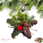 Pinecone Star Ornament Hanging on Tree
Rustic handmade pinecone star Christmas ornament featuring greenery, berries, holly leaves, and bell detail, hanging from a branch.
