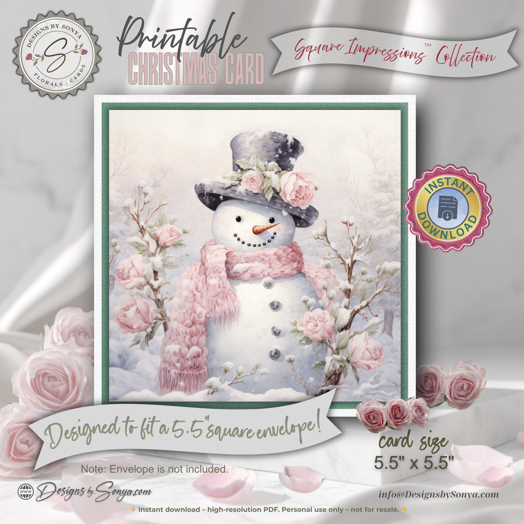 Printable Pink Snowman Christmas Card | Square Floral Holiday Card | 5.5” Square | Envelope Liner | Instant Download | Pastel Winter Note Card