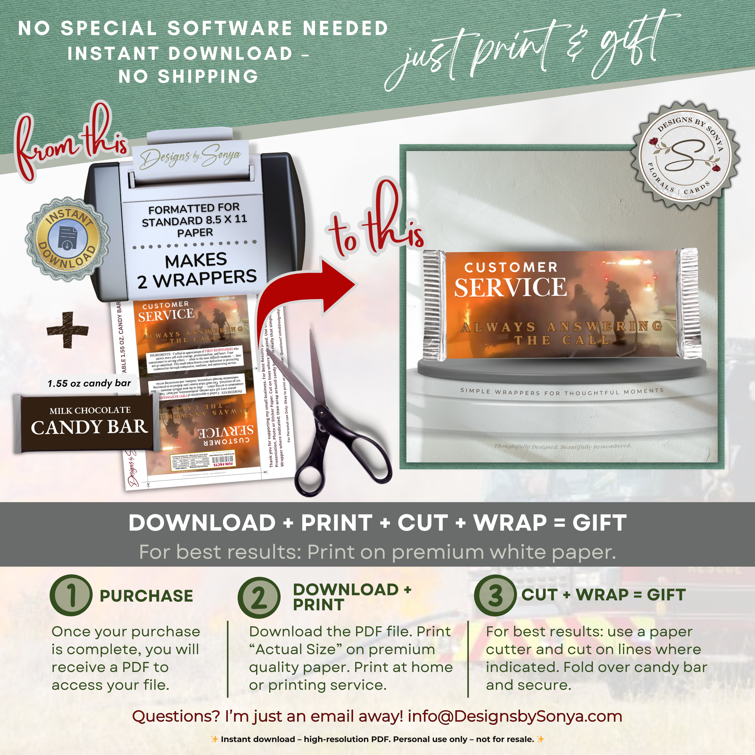 Customer Service First Responder Candy Bar Wrapper Printable – Honor the Heroes Thank You Gift – Firefighter EMS Police Appreciation - 1.55oz Chocolate Bar