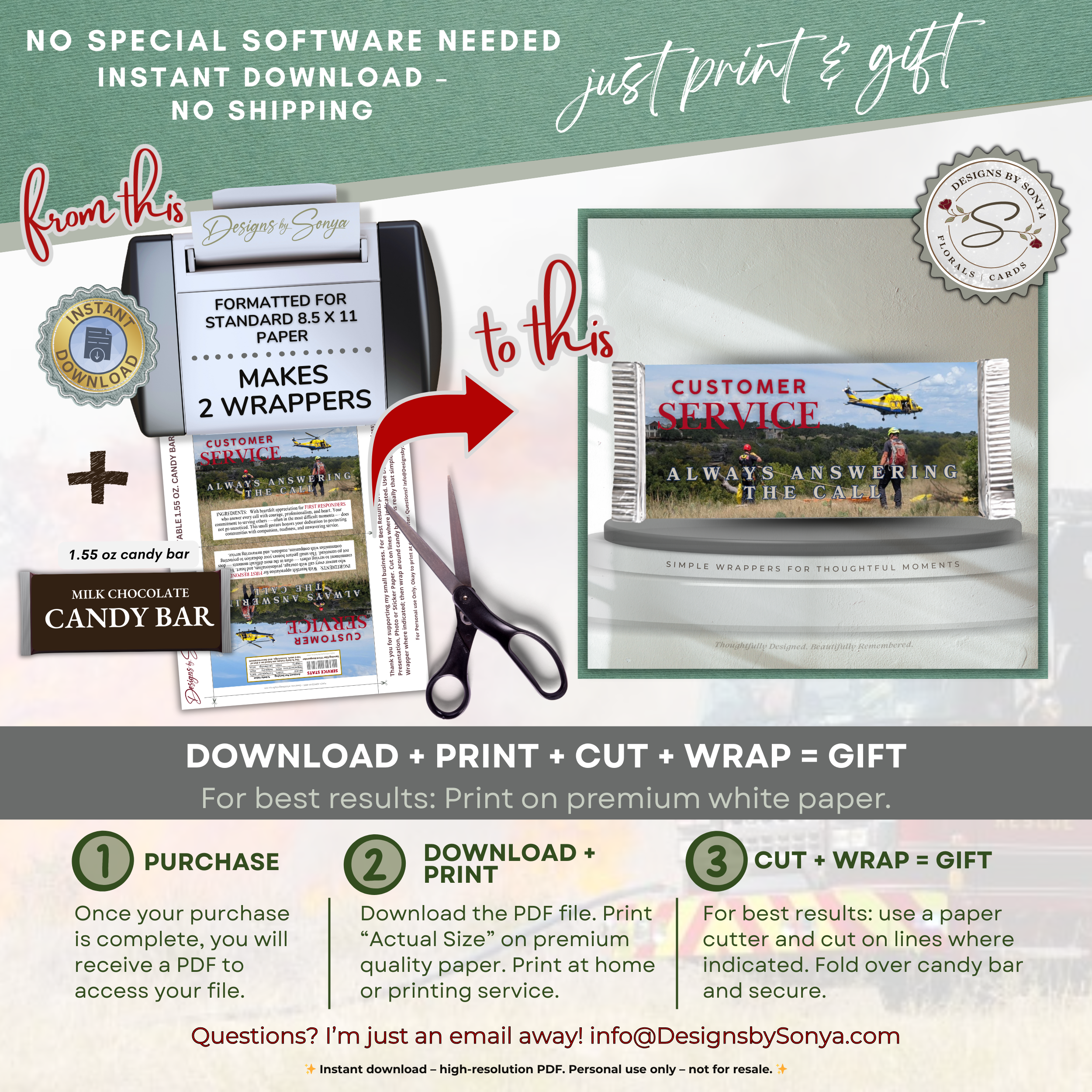 Honor the Heroes First Responder Candy Bar Wrapper Printable – Customer Service Always Answering the Call – Thank You Gift Favor – 1.55 oz Chocolate Bar