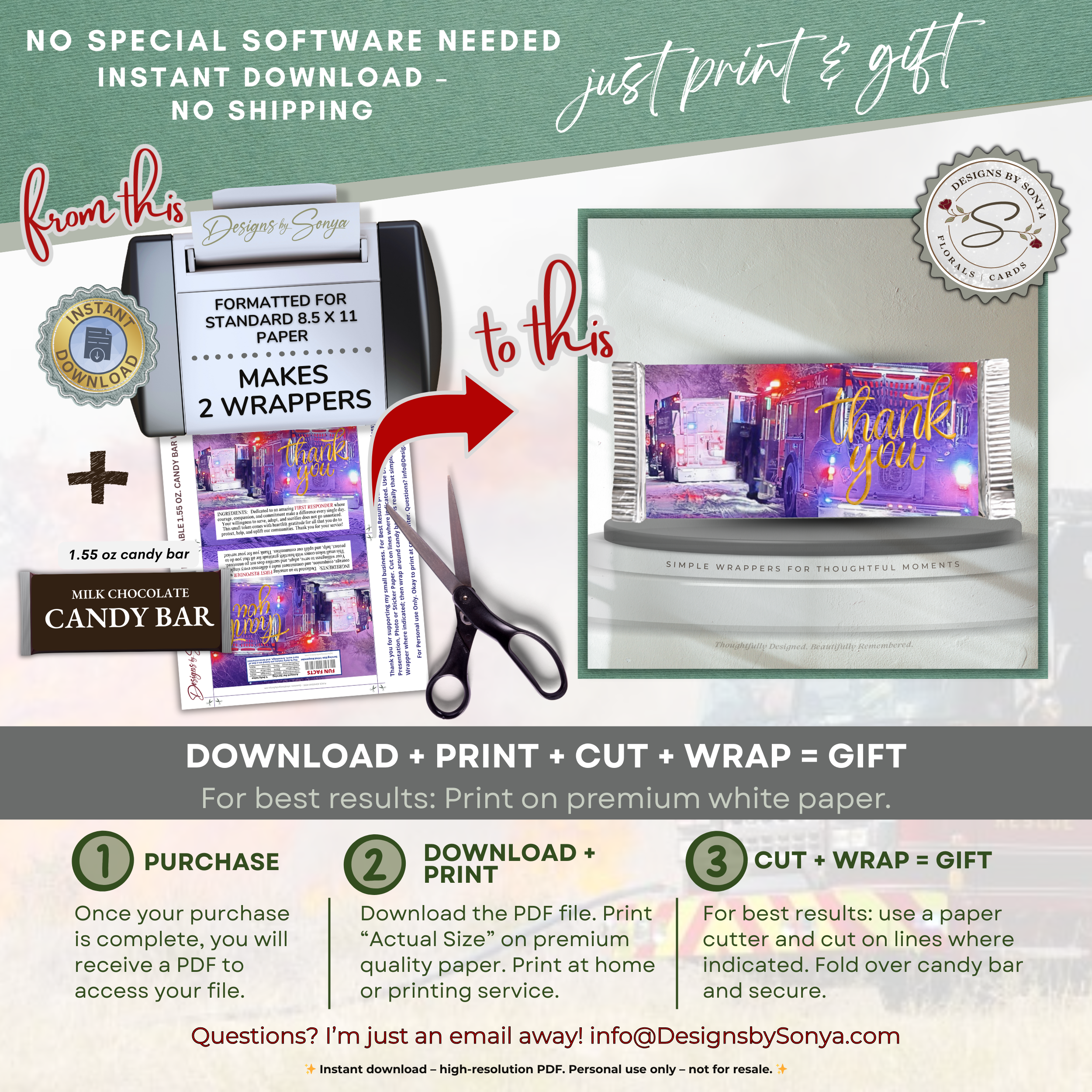 First Responder Candy Bar Wrapper Printable – Thank You Firefighter EMT Gift – Honor the Heroes Chocolate Wrapper – Fits 1.55 oz Candy Bar - Instant Download