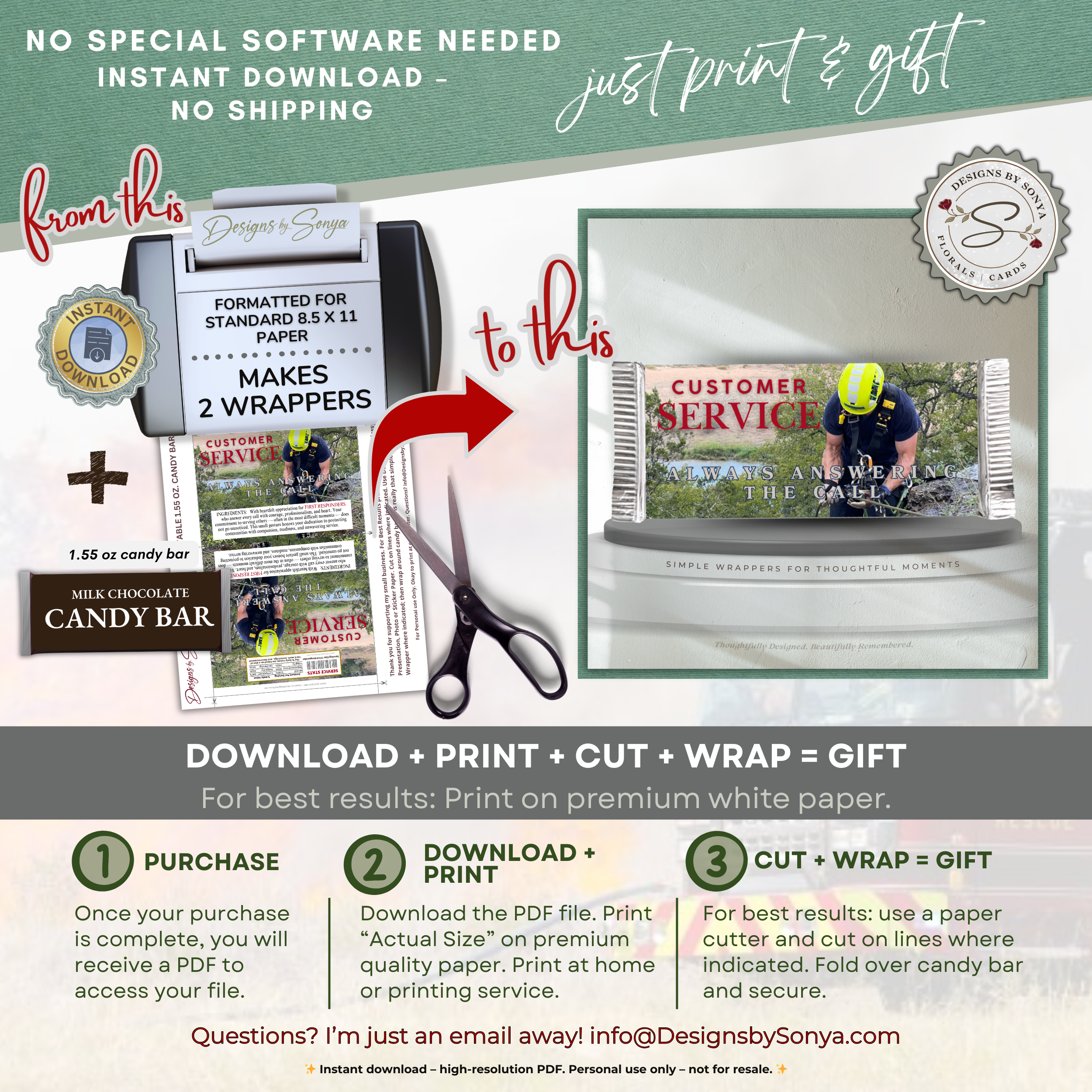 Honor the Heroes First Responder Candy Bar Wrapper Printable – Customer Service Always Answering the Call – Thank You Gift Favor – 1.55 oz Chocolate Bar