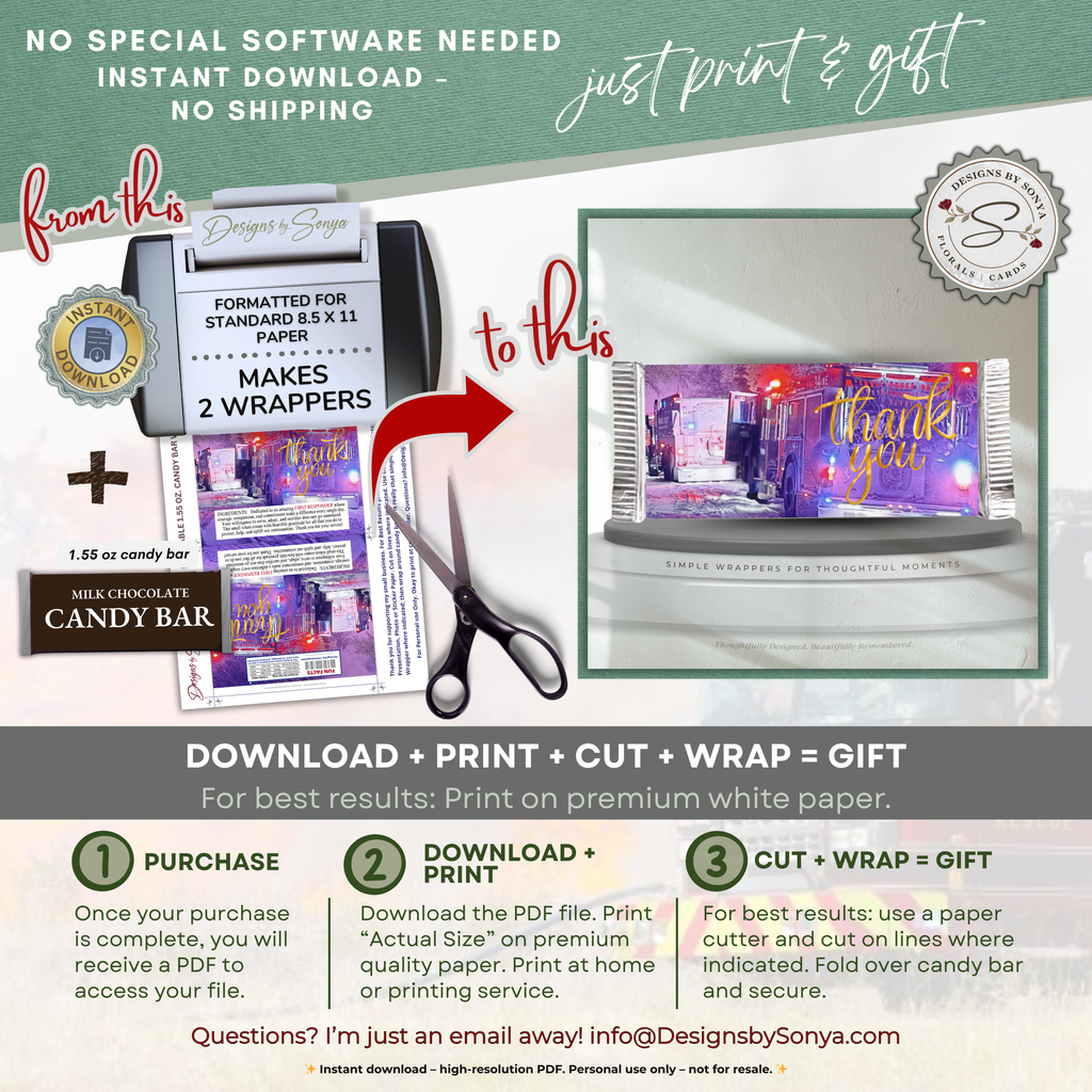 First Responder Candy Bar Wrapper Printable – Thank You Firefighter EMT Gift – Honor the Heroes Chocolate Wrapper – Fits 1.55 oz Candy Bar - Instant Download