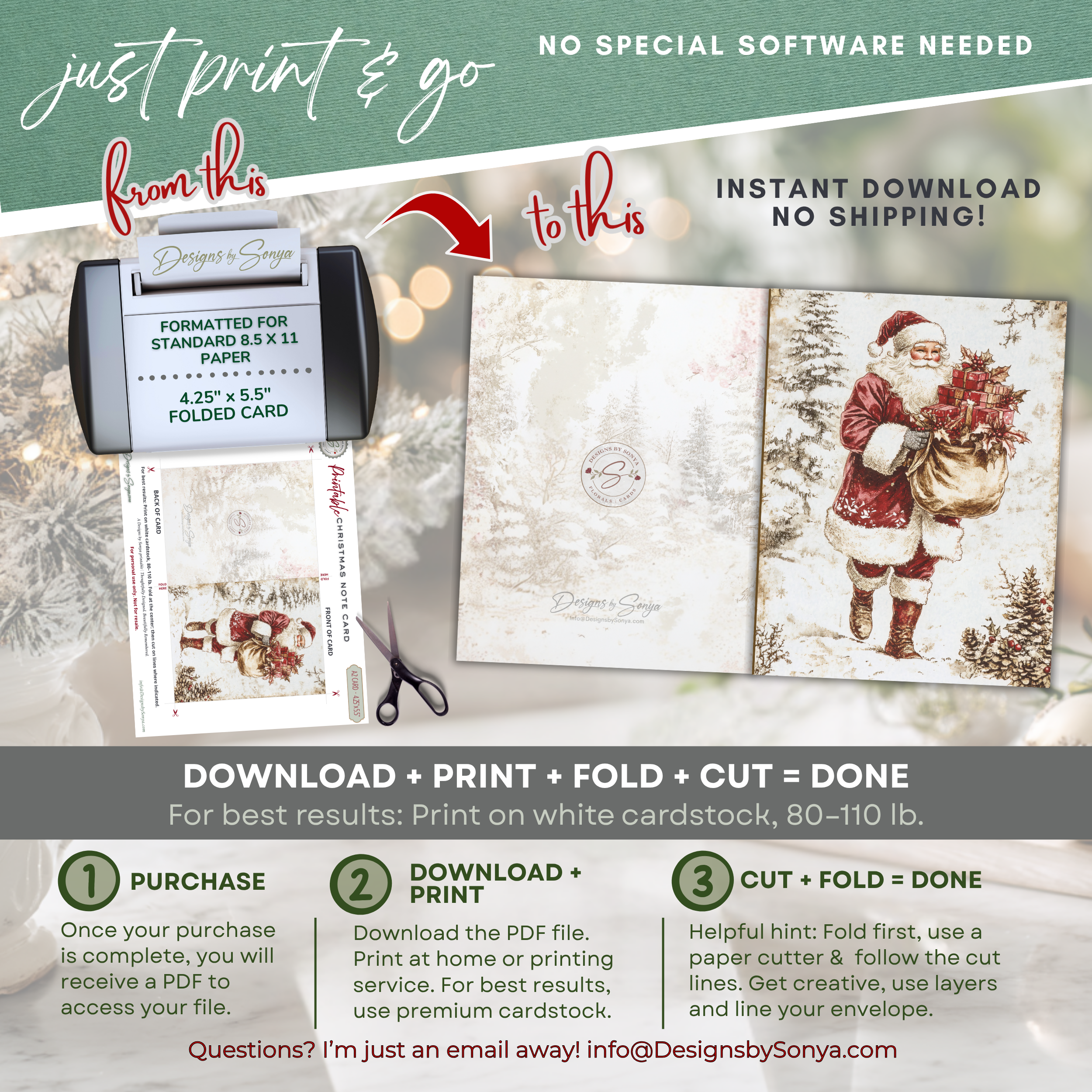 Santa Christmas Card Printable | Elegant Vintage Watercolor Holiday Note Card | A2 (4.25"x5.5") Folded Card | Instant Digital Download