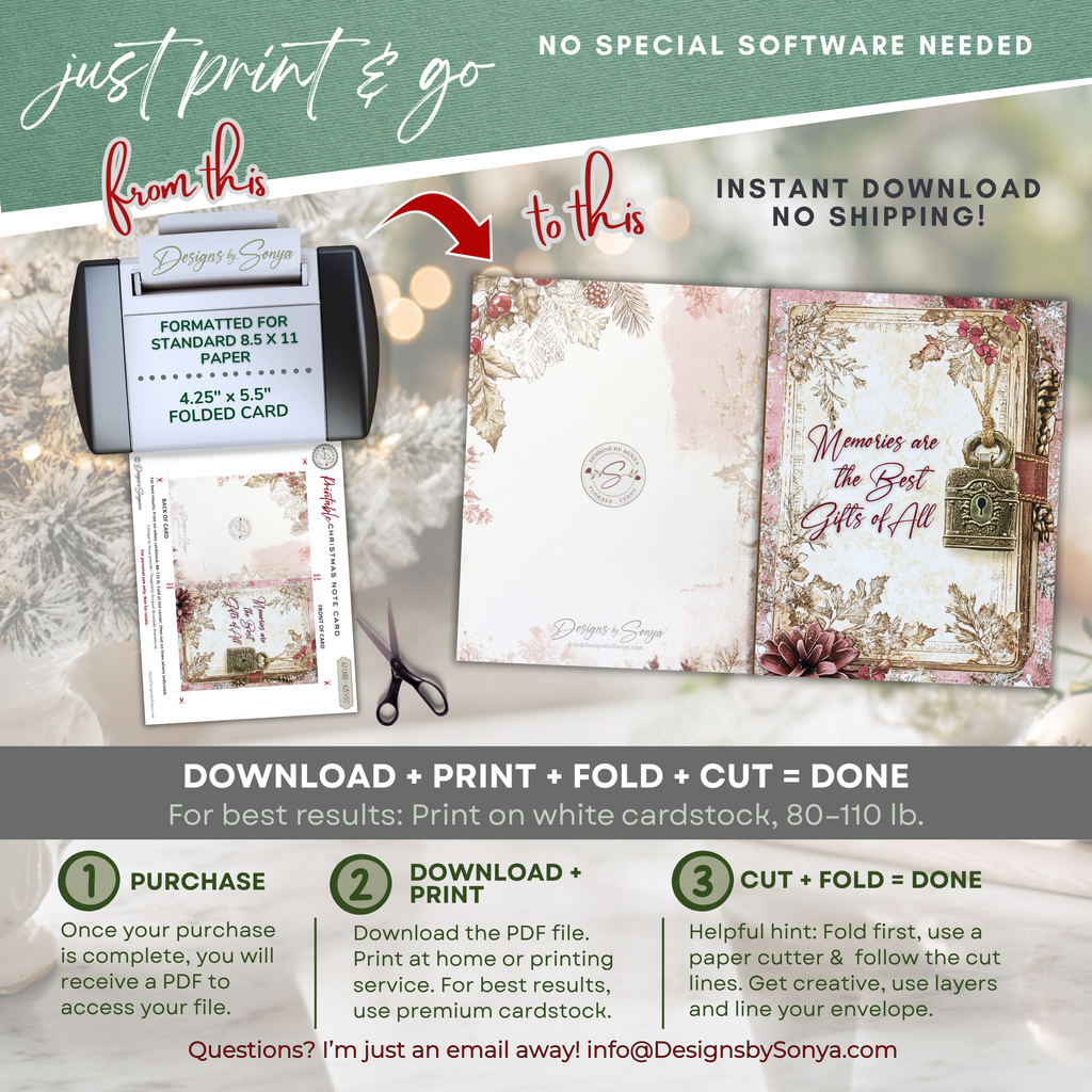 Printable Christmas Note Card • Sentimental Vintage Holiday Greeting • A2 (4.25" x 5.5") Memory Keepsake • Rustic Winter Pine Design PDF Stationery